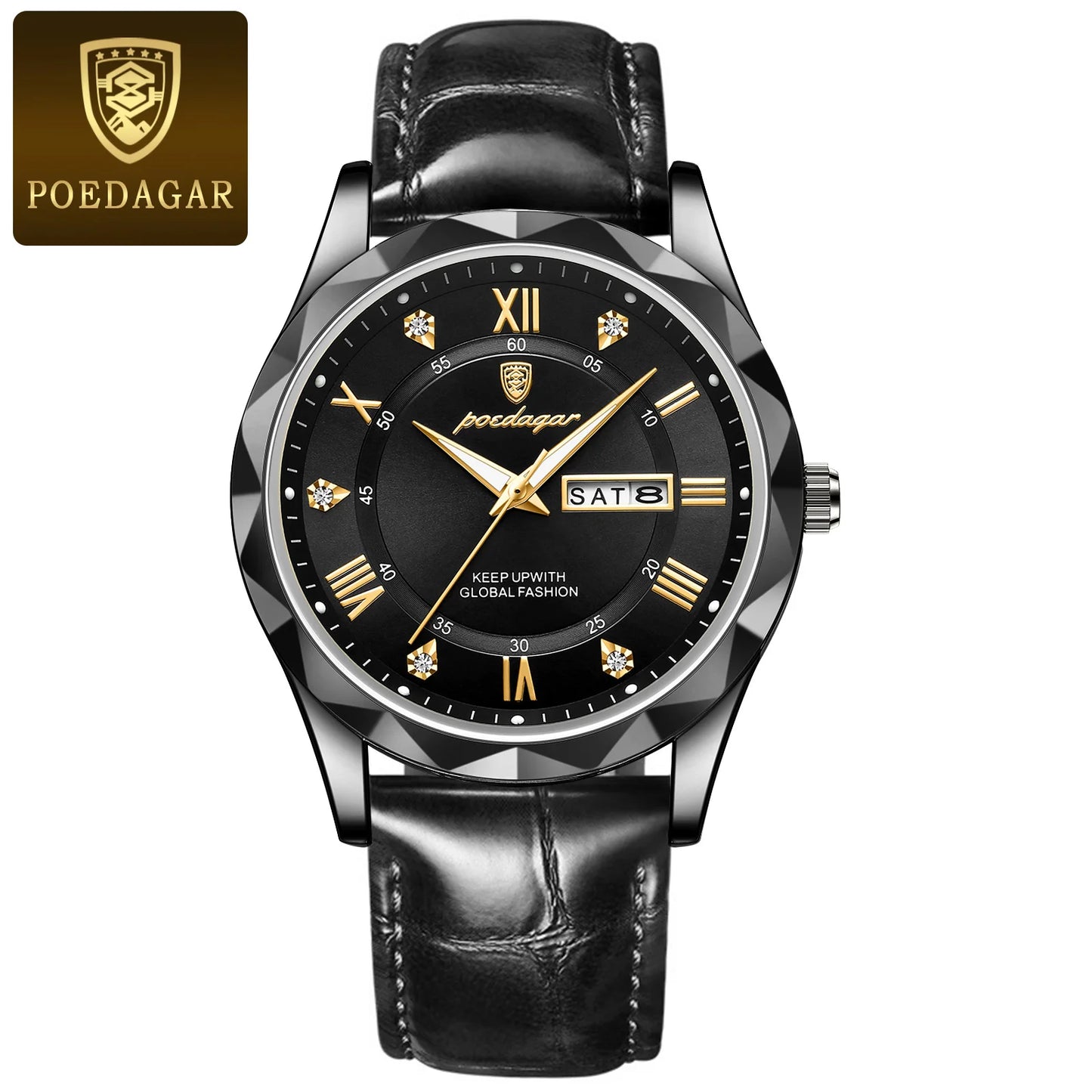 Roman Numeral Full Calendar Watch – Leather Strap with Date, Week & Luminous Dial