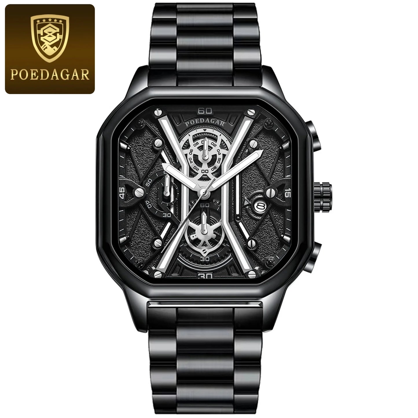 Square Chronograph Watch – Full Calendar with Leather Strap & Luminous Dial