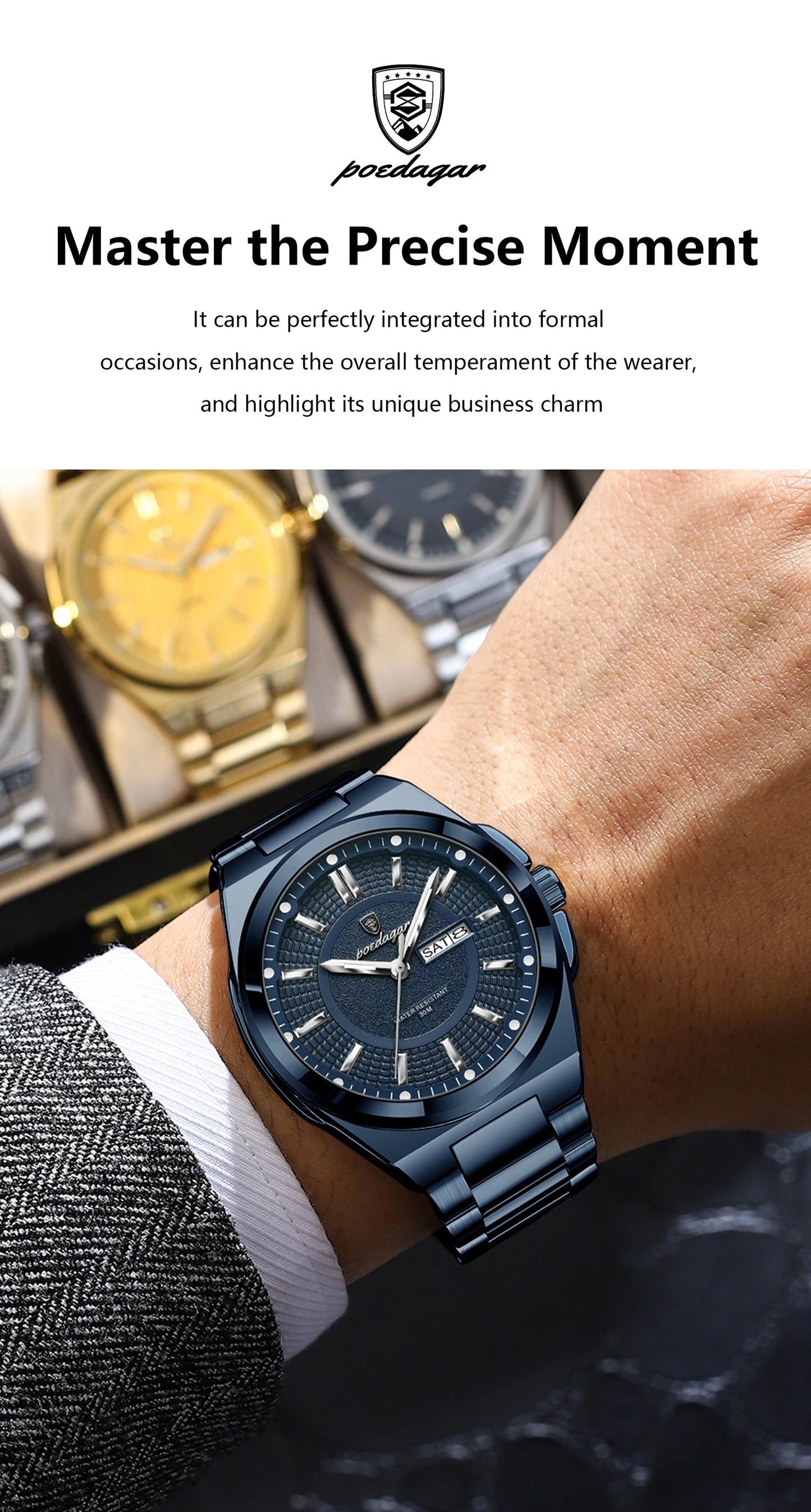 Full Calendar Sport Watch – Luminous Dial with Hidden Clasp Bracelet