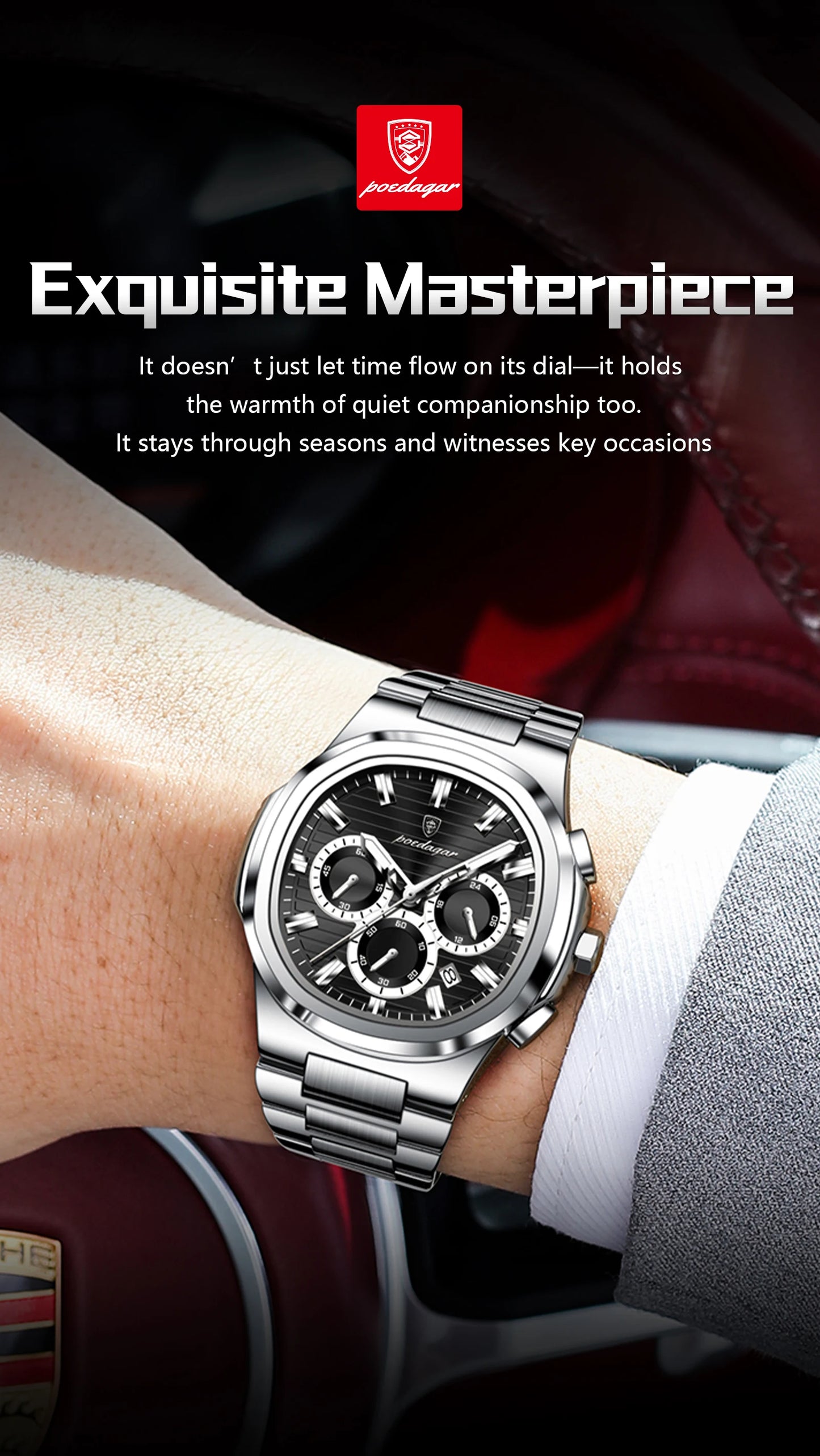 Square Chronograph Watch – Large Numberless Dial with Hidden Clasp Bracelet