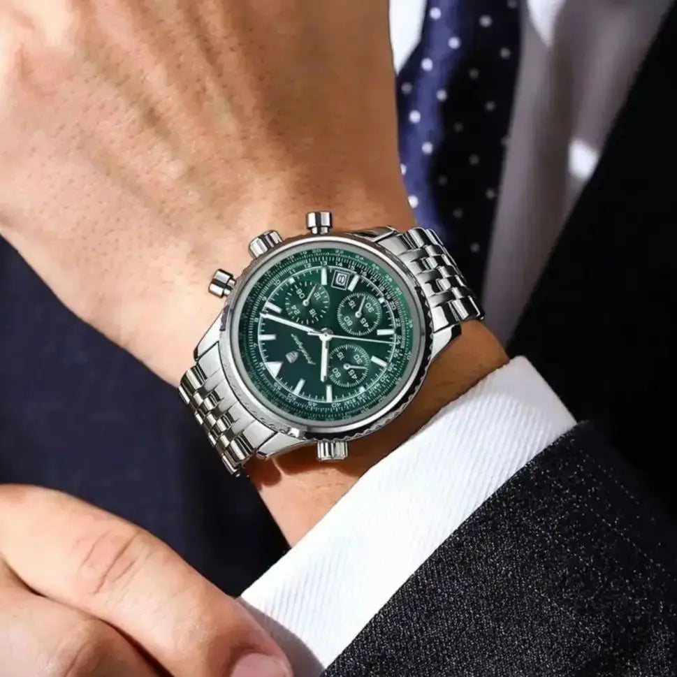 Chronograph Date Watch – Luminous Numberless Dial with Hidden Clasp Bracelet