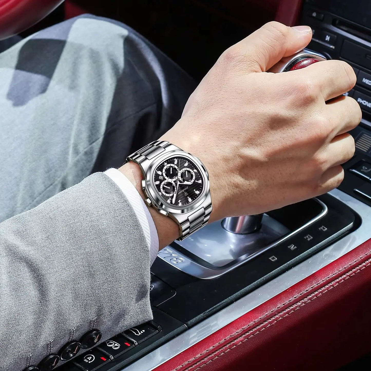 Square Chronograph Watch – Large Numberless Dial with Hidden Clasp Bracelet