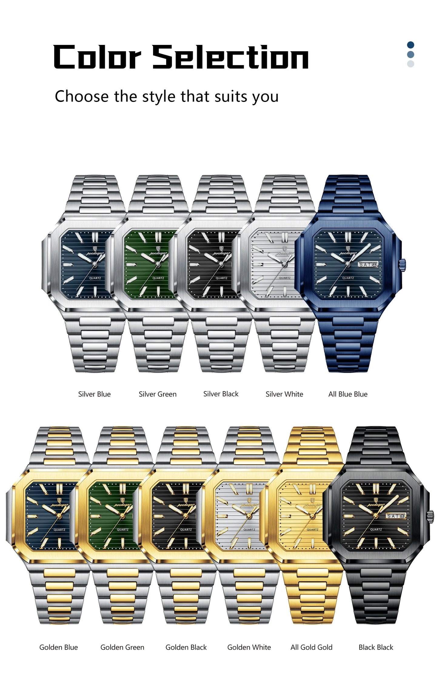 Square Stainless Steel Watch – Luminous Numberless Dial with Hidden Clasp