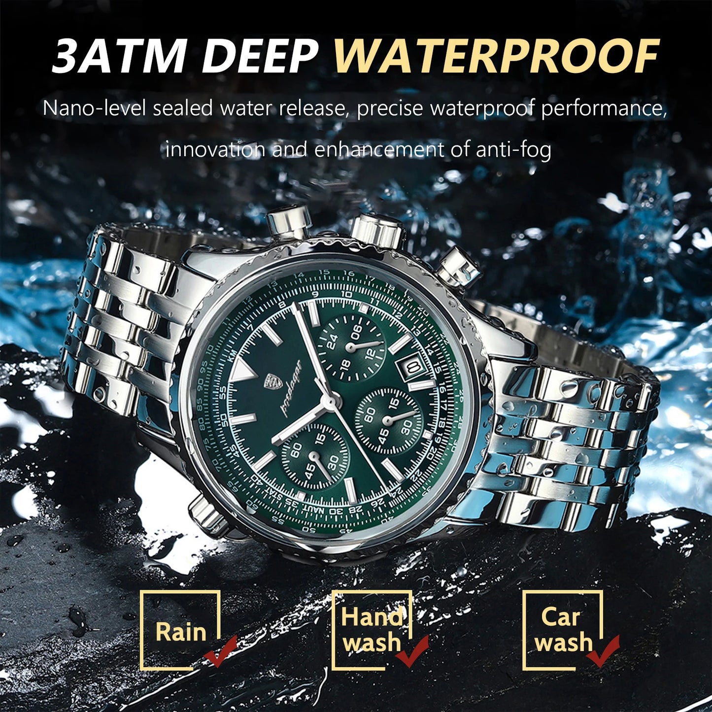 Chronograph Date Watch – Luminous Numberless Dial with Hidden Clasp Bracelet