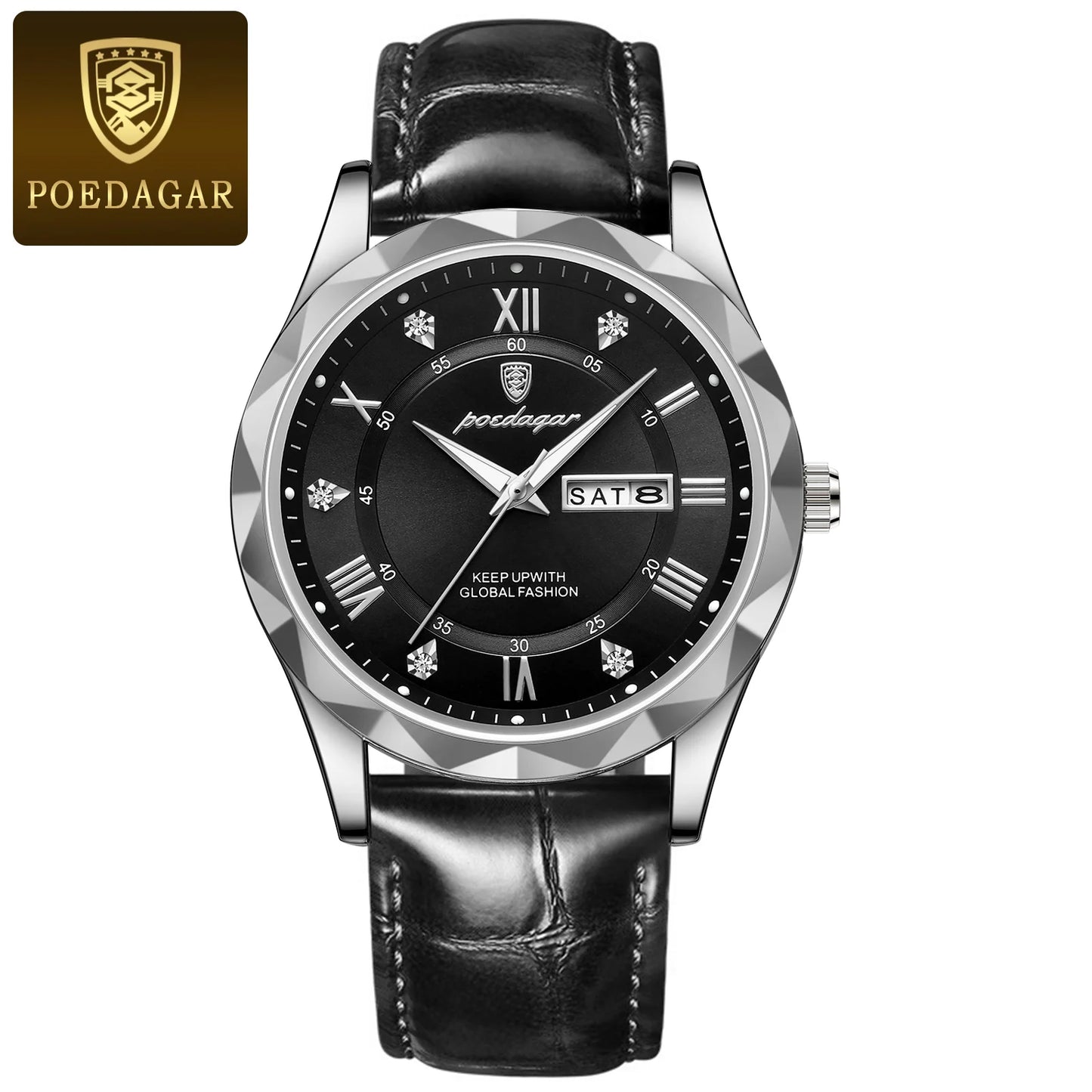 Roman Numeral Full Calendar Watch – Leather Strap with Date, Week & Luminous Dial