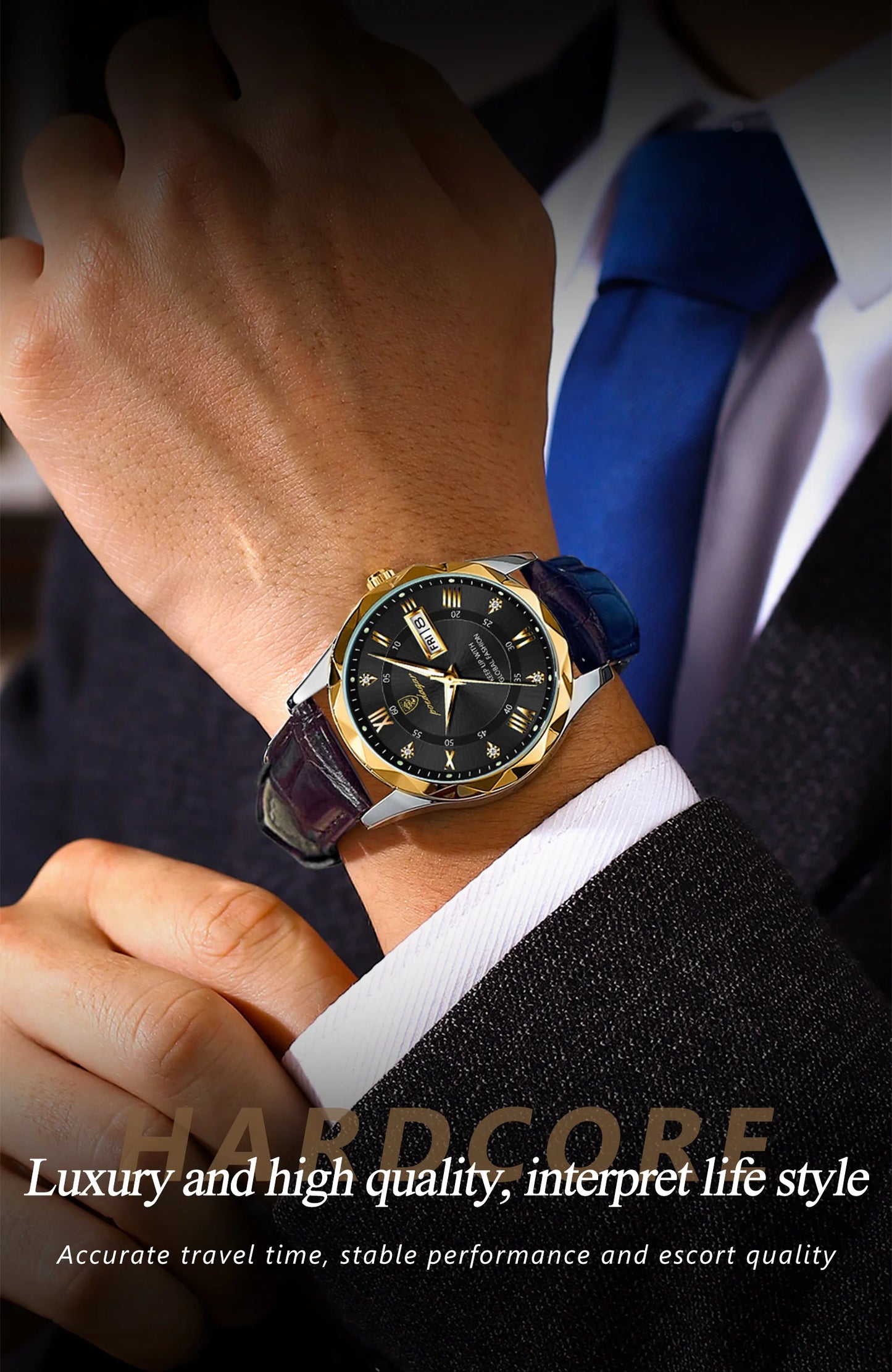 Roman Numeral Full Calendar Watch – Leather Strap with Date, Week & Luminous Dial