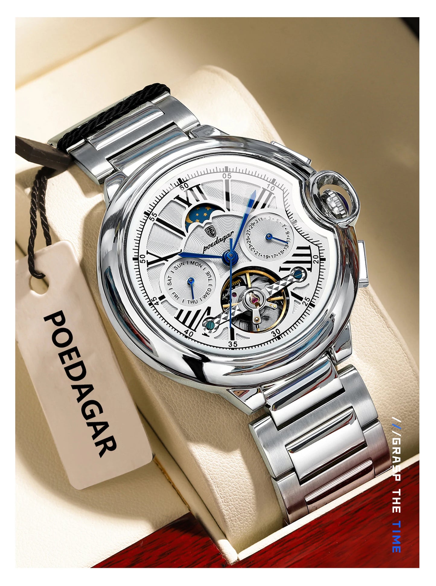 Automatic Skeleton Watch – Tourbillon Style with Moon Phase & Full Calendar