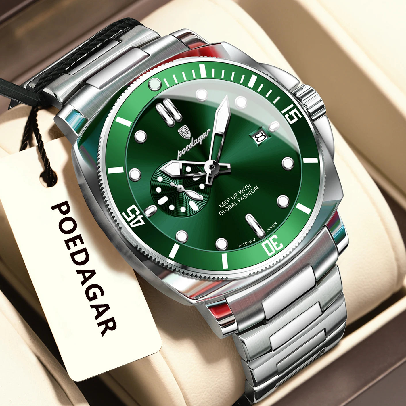 Business Date Watch – Luminous Numberless Dial with Hidden Clasp Bracelet