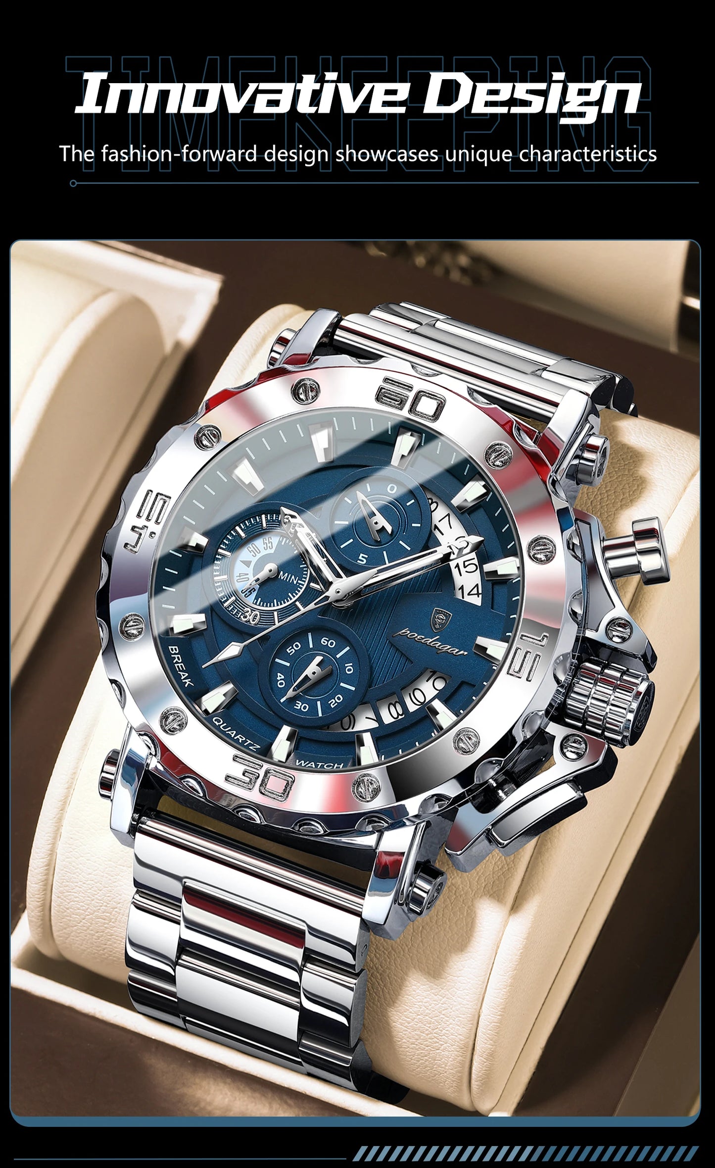 Large Chronograph Watch – Luminous Numberless Dial with Hidden Clasp