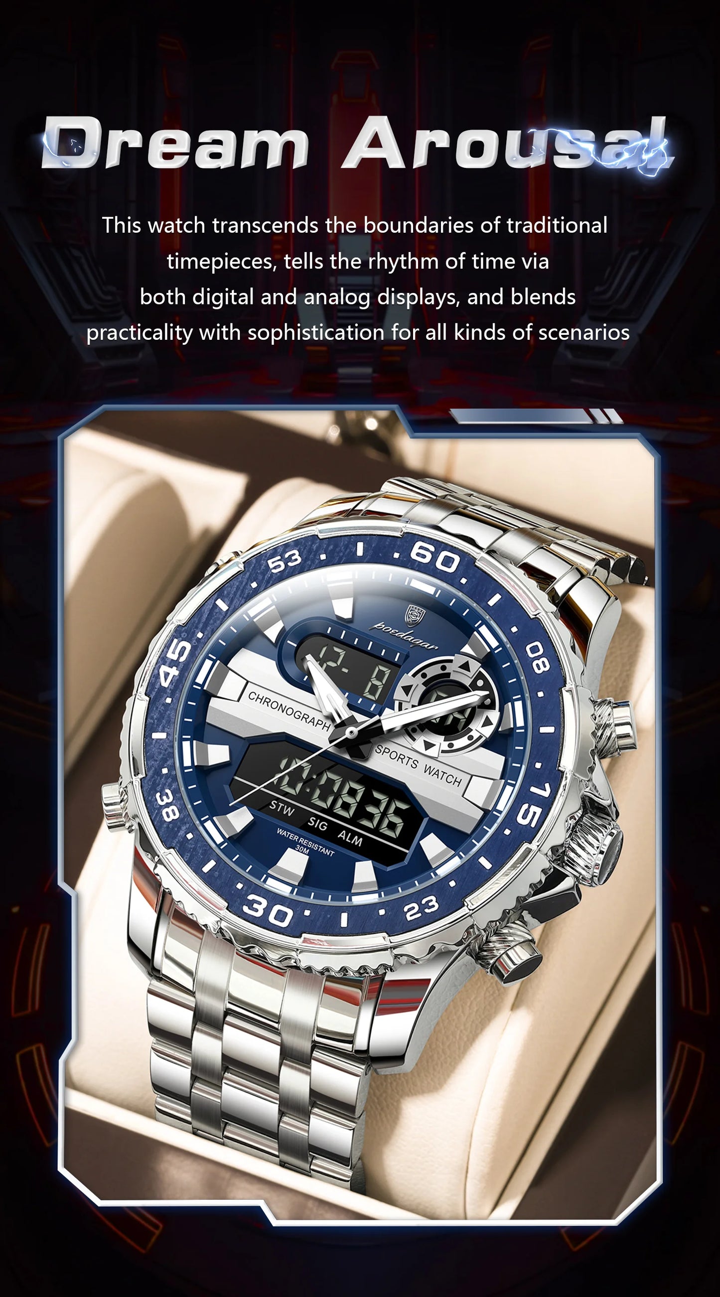 Square Chronograph Watch – Large Numberless Dial with Hidden Clasp Bracelet