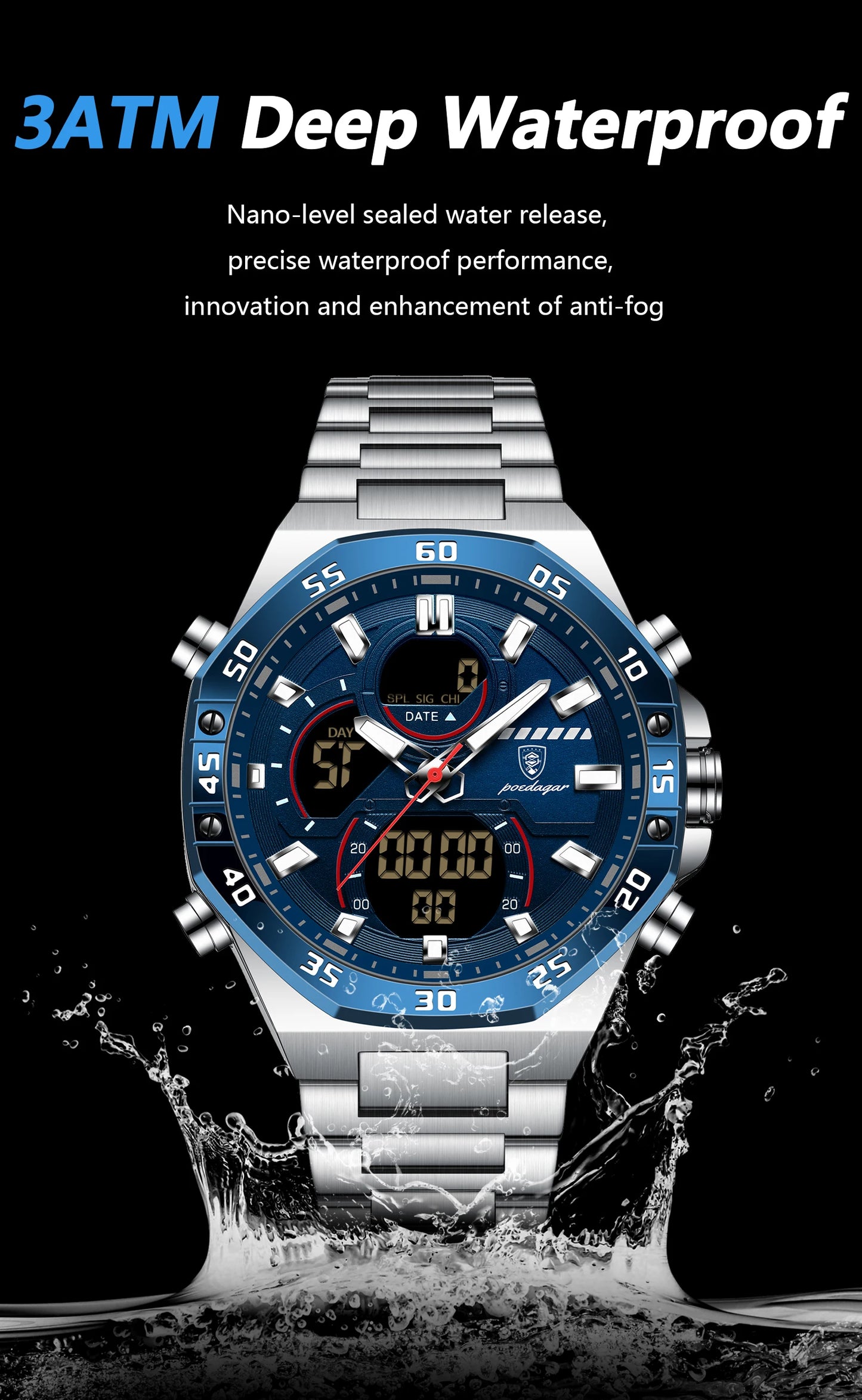 LED Analog-Digital Chronograph Watch – Full Calendar with Alarm & Bracelet