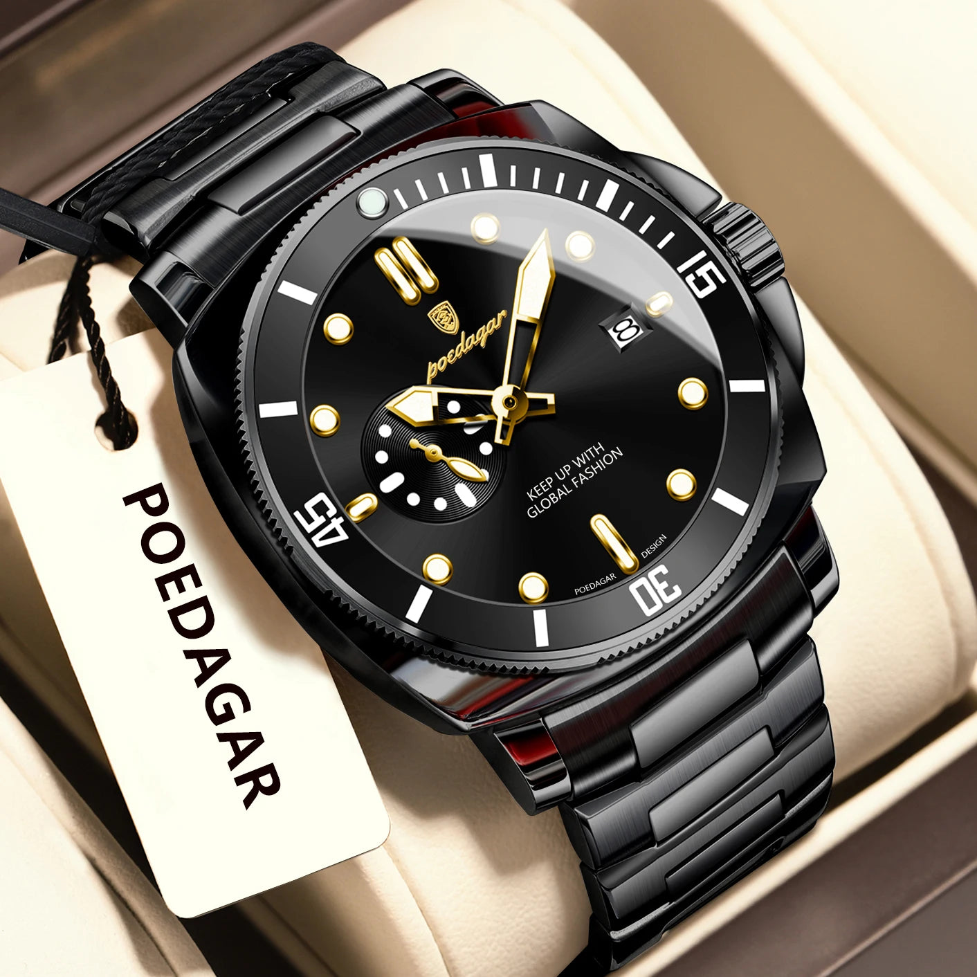 Business Date Watch – Luminous Numberless Dial with Hidden Clasp Bracelet