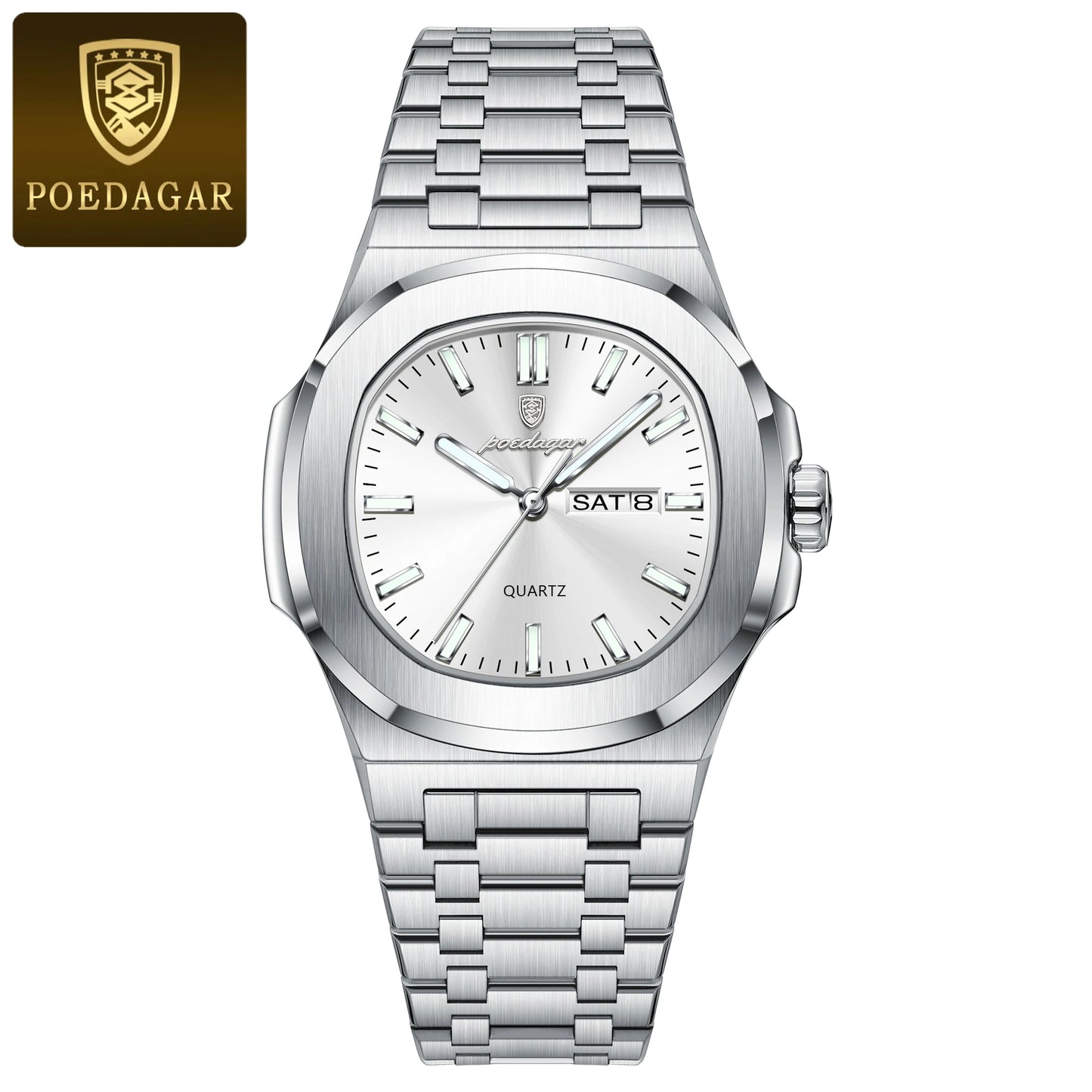 Square Full Calendar Watch – Date & Week Display with Hidden Clasp Bracelet