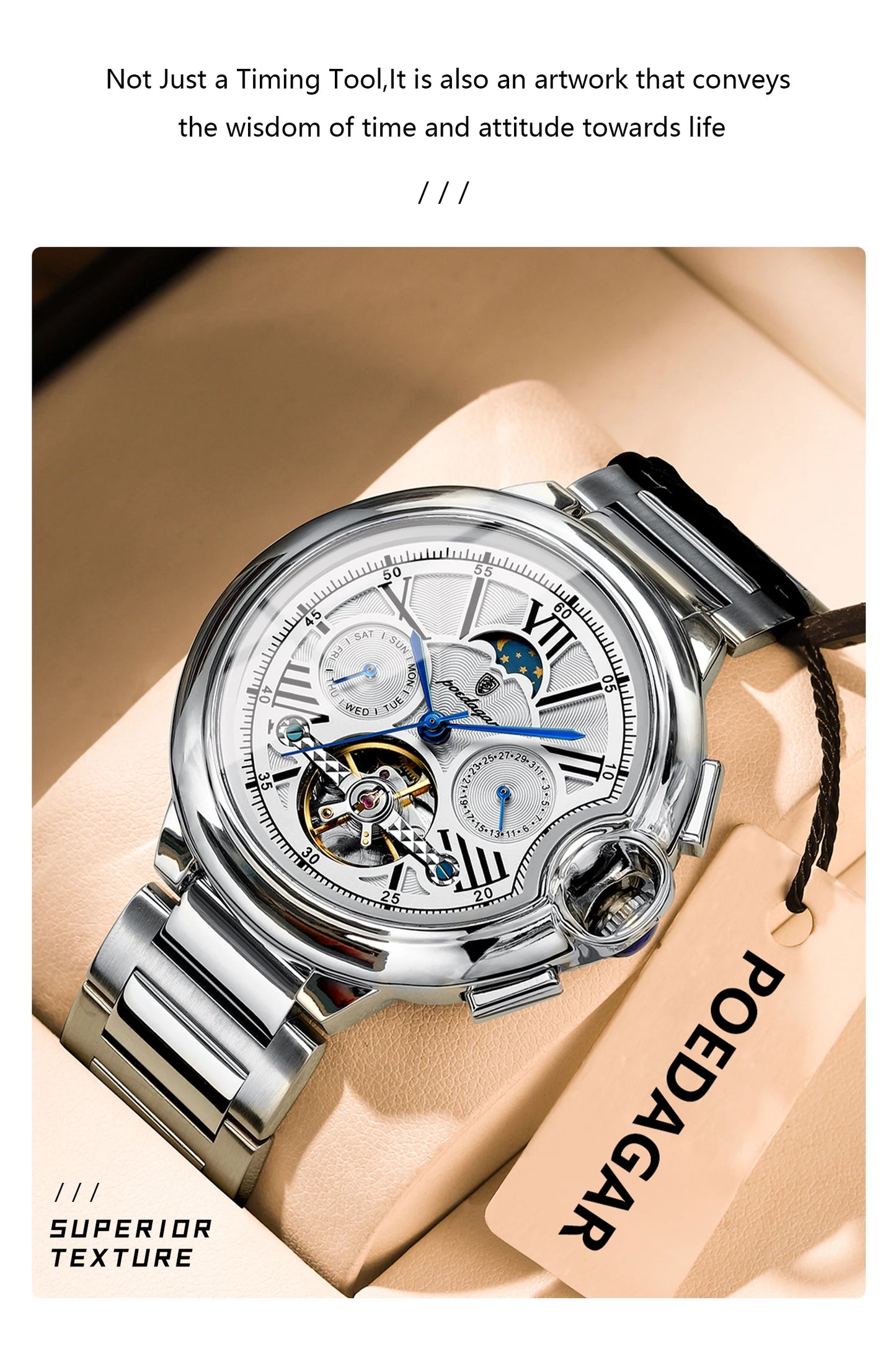 Automatic Skeleton Watch – Tourbillon Style with Moon Phase & Full Calendar