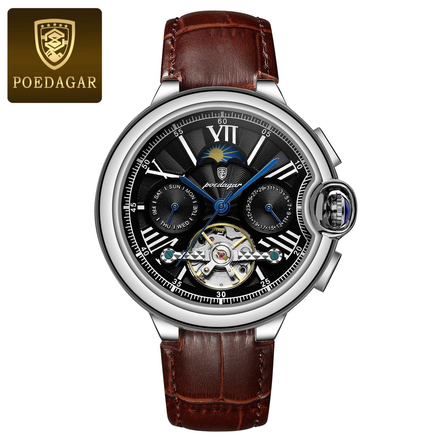 Automatic Skeleton Watch – Tourbillon Style with Moon Phase & Full Calendar