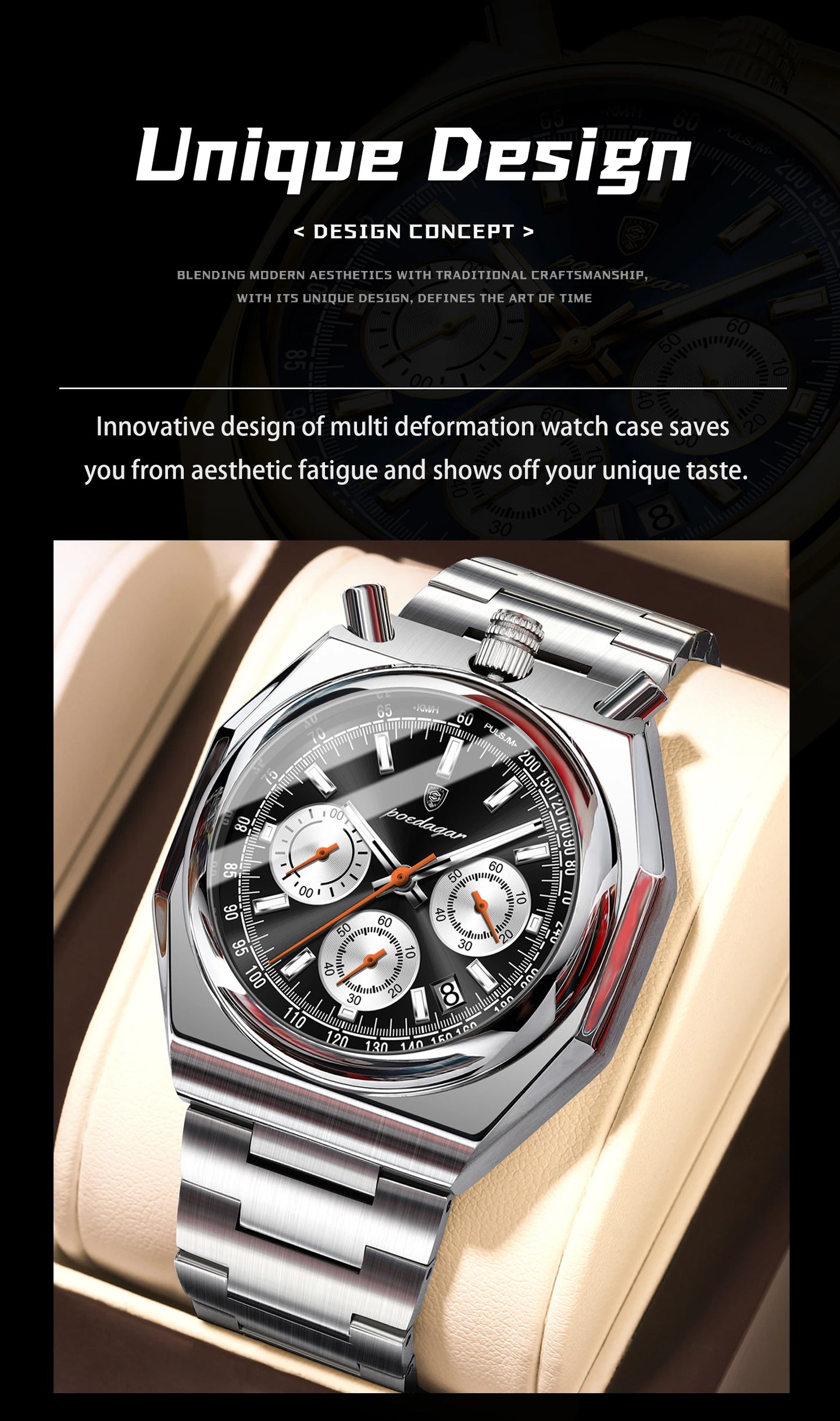 Irregular Chronograph Watch – Bold Numberless Dial with Hidden Clasp Bracelet
