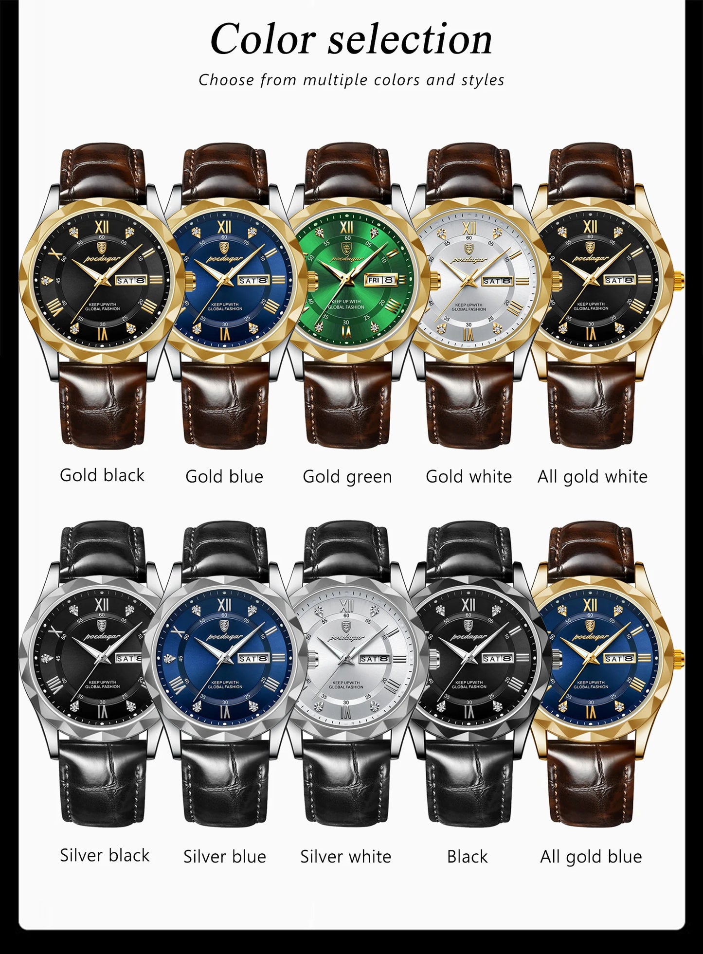 Roman Numeral Full Calendar Watch – Leather Strap with Date, Week & Luminous Dial