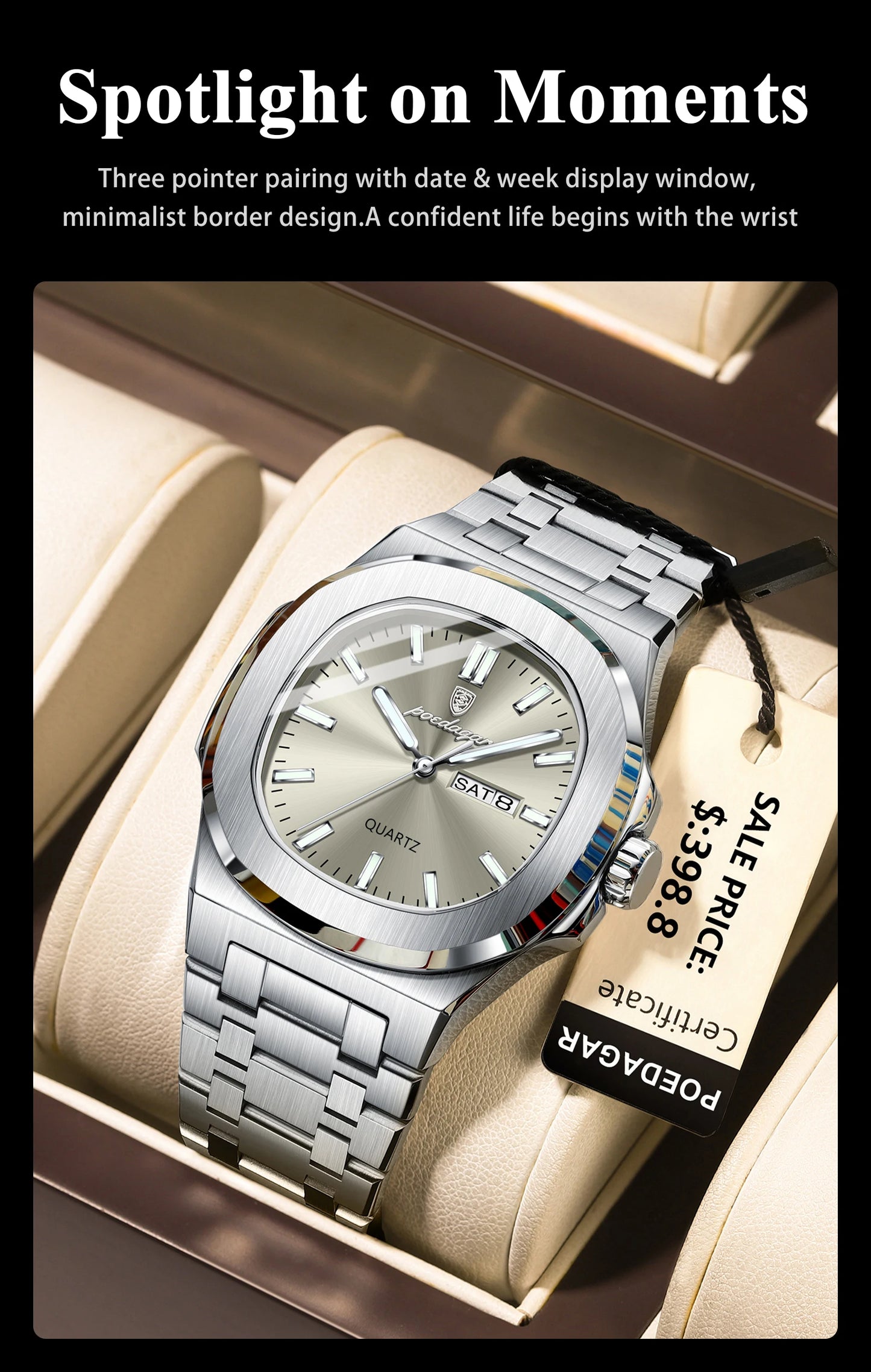 Square Full Calendar Watch – Date & Week Display with Hidden Clasp Bracelet