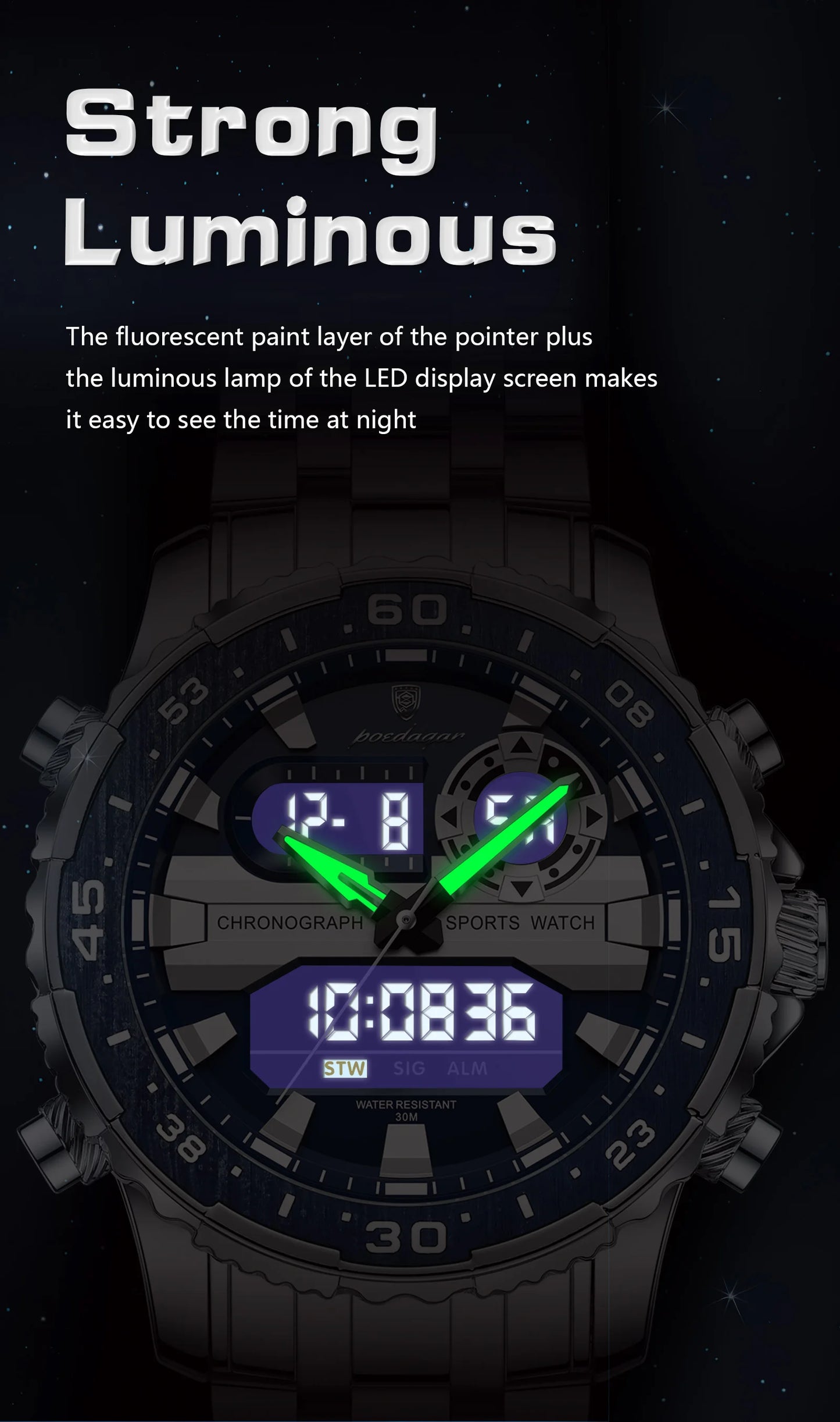 Square Chronograph Watch – Large Numberless Dial with Hidden Clasp Bracelet