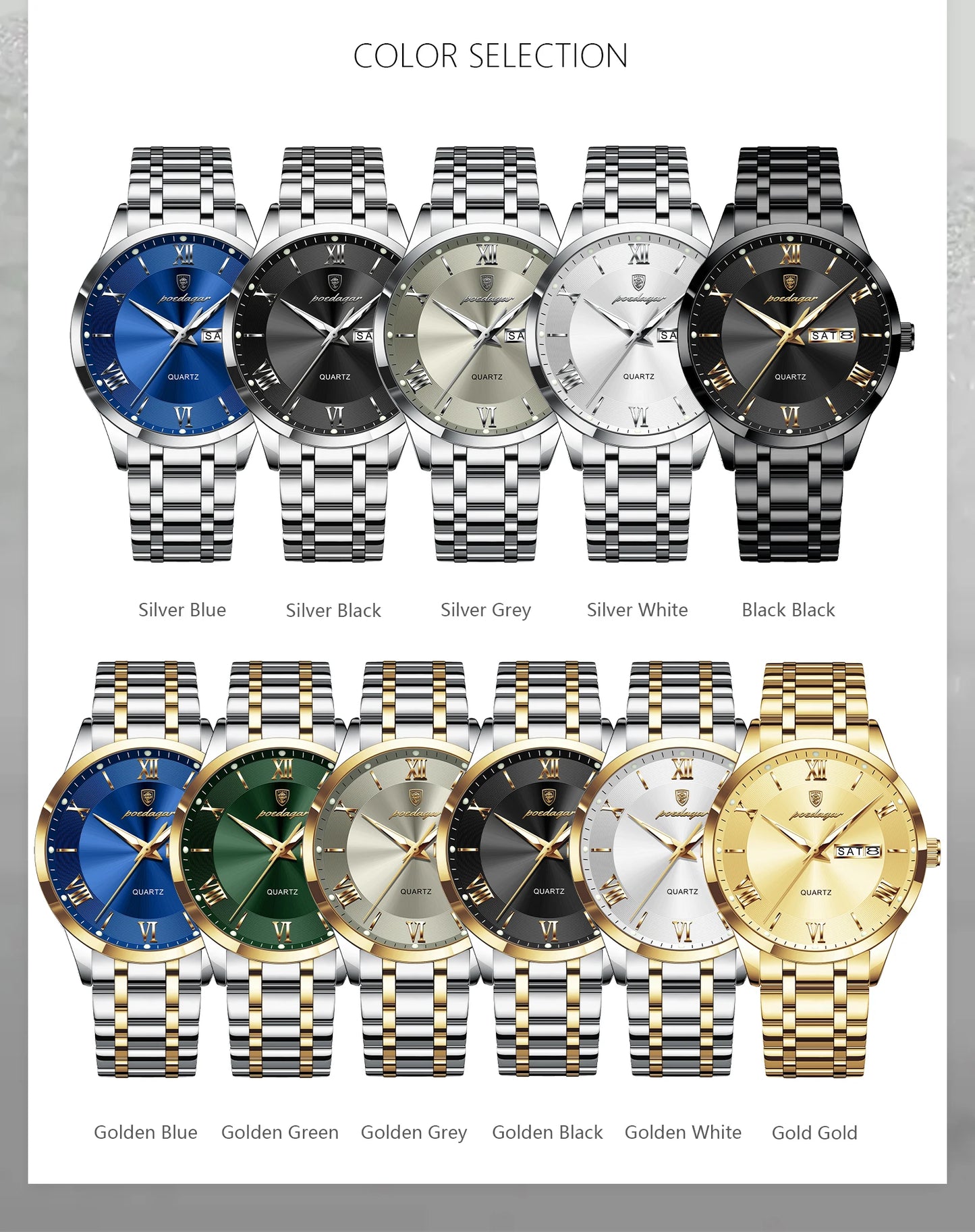 Roman Numeral Full Calendar Watch – Luminous Dial with Hidden Clasp Bracelet