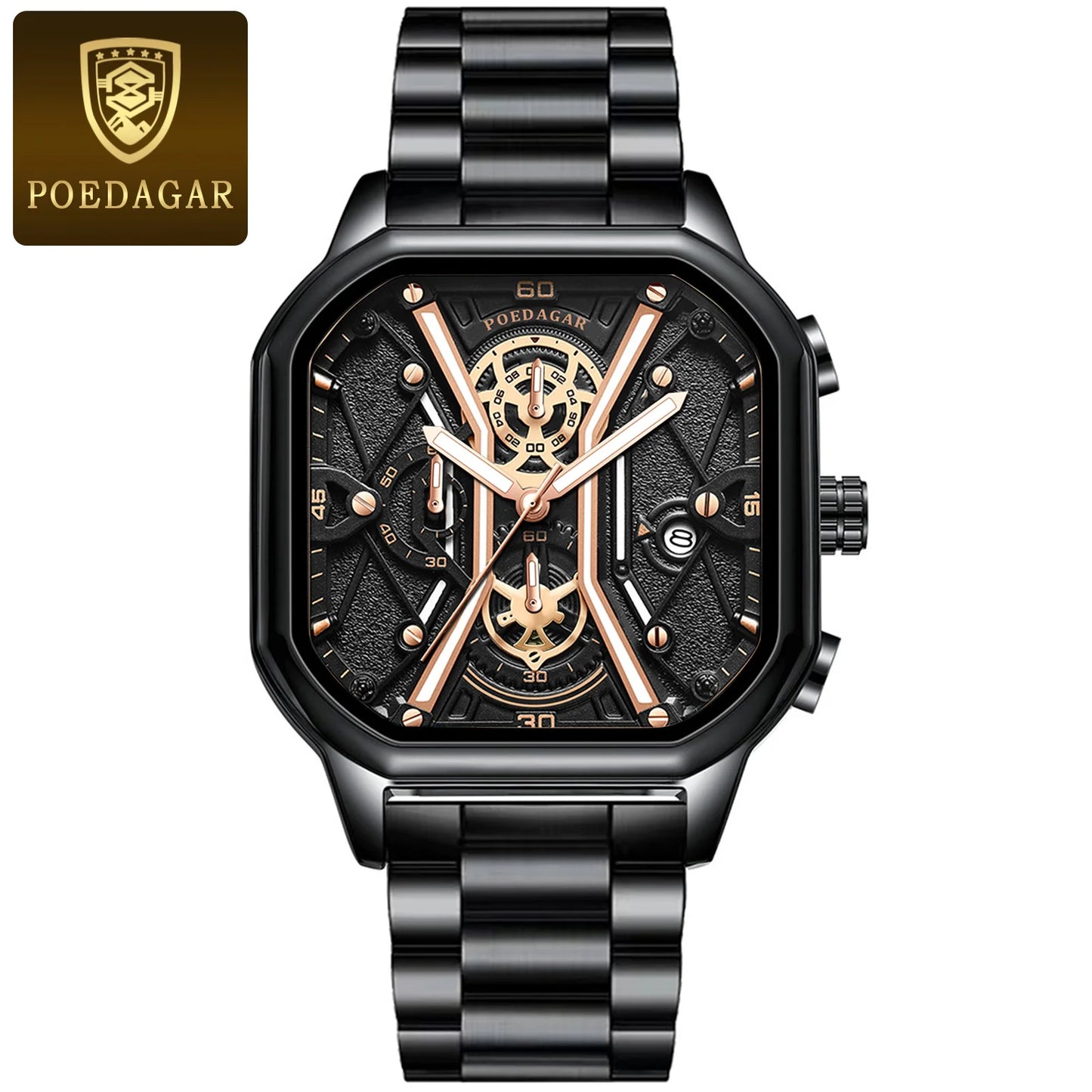 Square Chronograph Watch – Full Calendar with Leather Strap & Luminous Dial