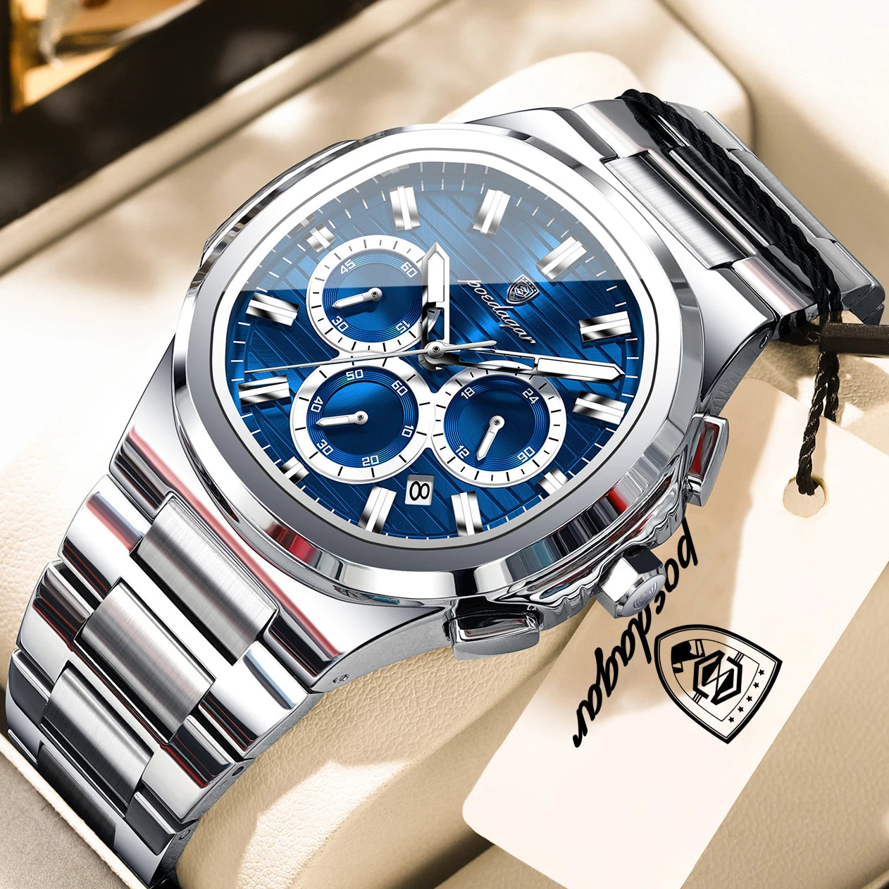 Square Chronograph Watch – Large Numberless Dial with Hidden Clasp Bracelet