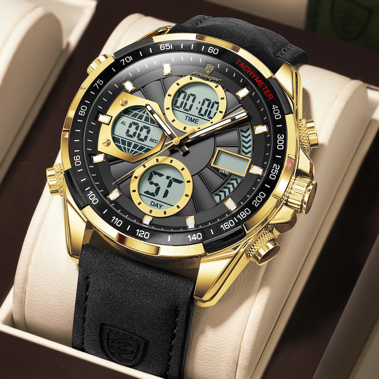 LED Analog-Digital Chronograph Watch – Dual Time & Alarm with Leather Strap