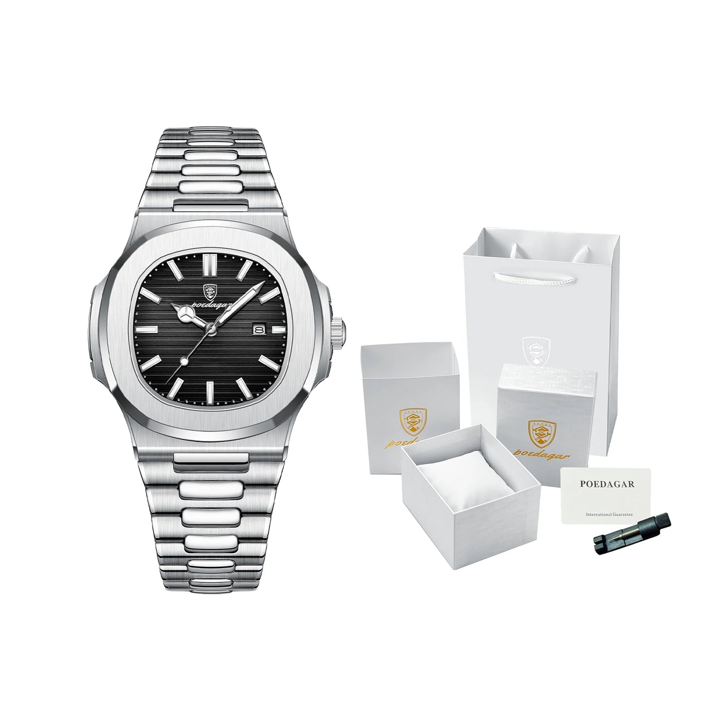 Square Stainless Steel Gift Set – Date Display with Luminous Dial & Hidden Clasp