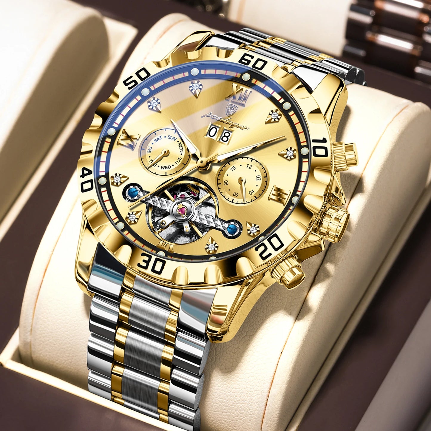 Automatic Tourbillon Style Watch – Sapphire Crystal with Week Display & Hidden Clasp