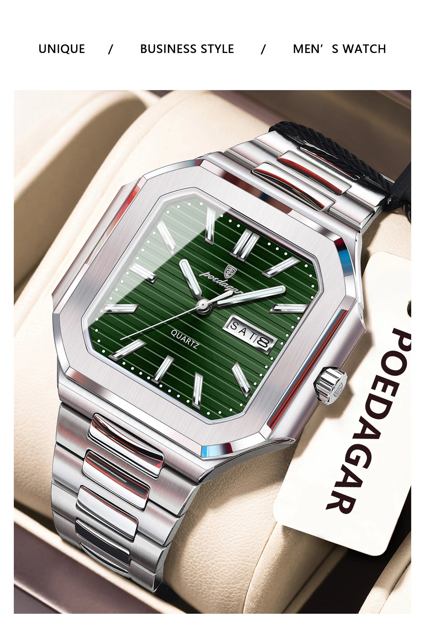 Square Stainless Steel Watch – Luminous Numberless Dial with Hidden Clasp