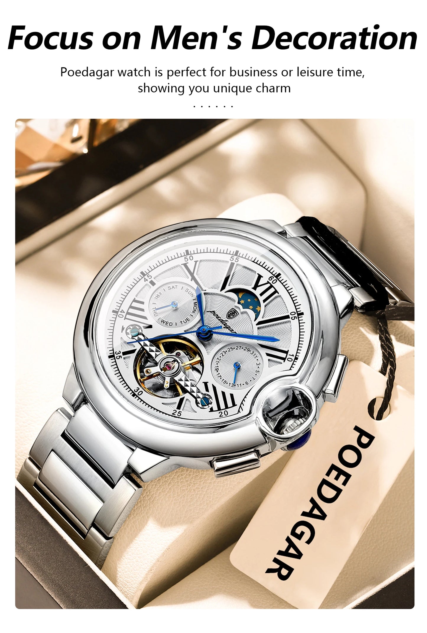 Automatic Skeleton Watch – Tourbillon Style with Moon Phase & Full Calendar