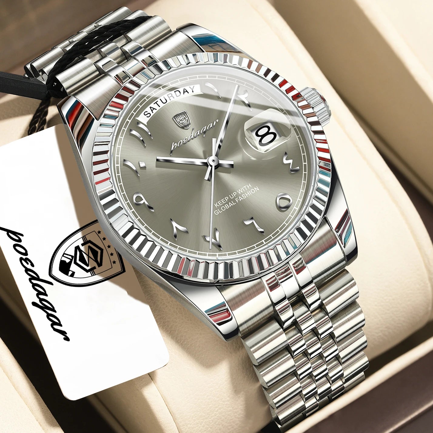 Full Calendar Slim Watch – Date & Week Display with Hidden Clasp Bracelet