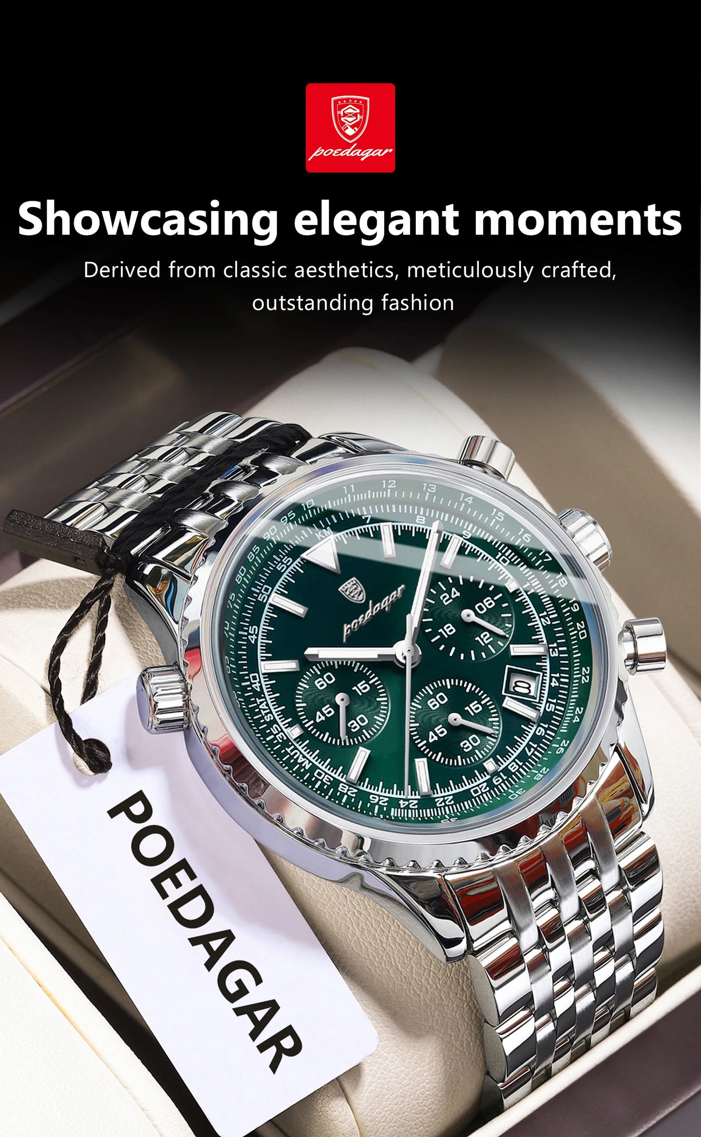 Chronograph Date Watch – Luminous Numberless Dial with Hidden Clasp Bracelet