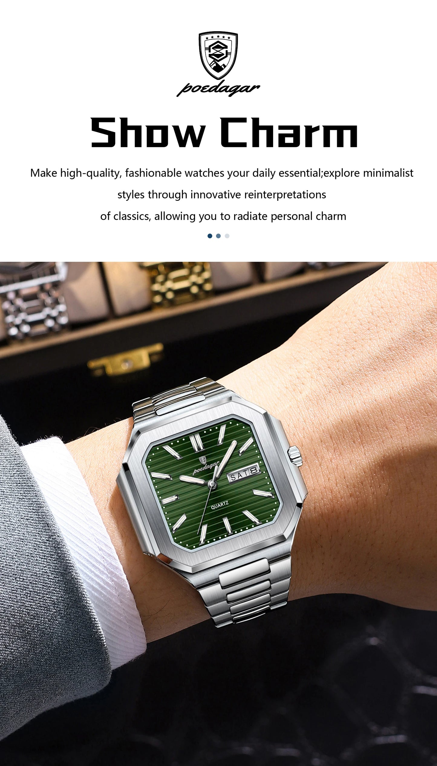 Square Stainless Steel Watch – Luminous Numberless Dial with Hidden Clasp