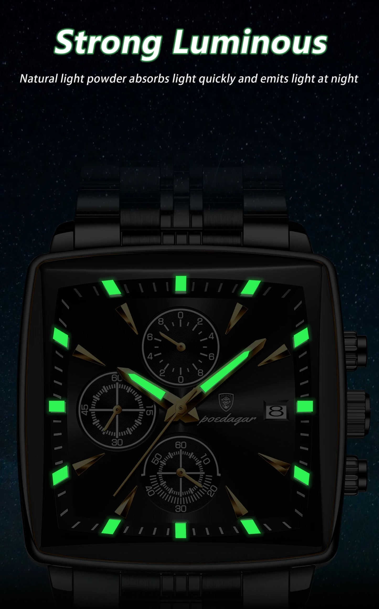 Square Chronograph Watch – Luminous Numberless Dial with Hidden Clasp Bracelet