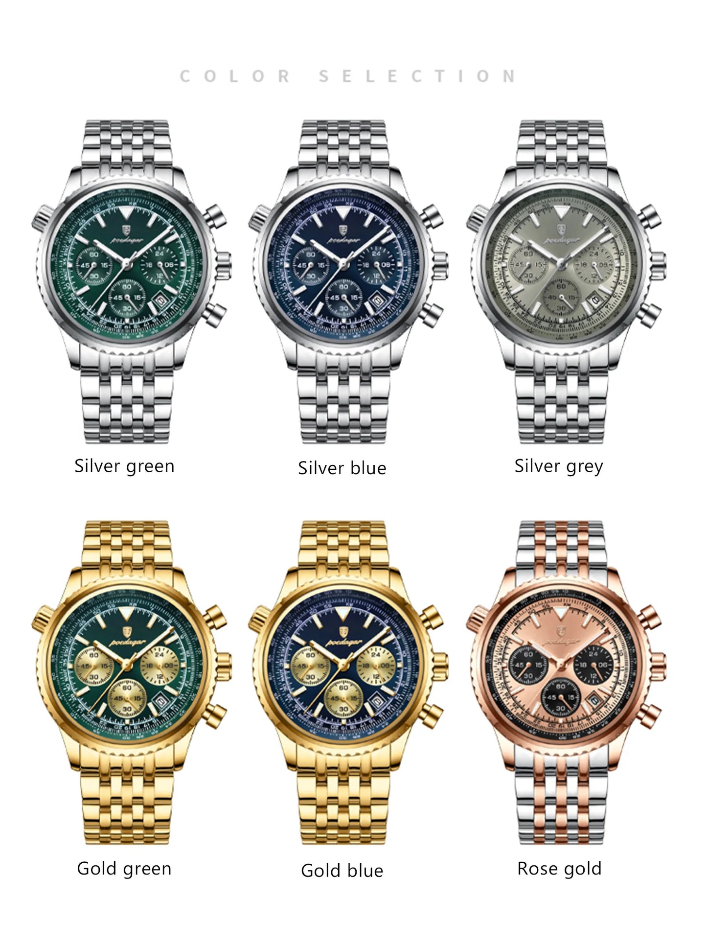 Chronograph Date Watch – Luminous Numberless Dial with Hidden Clasp Bracelet