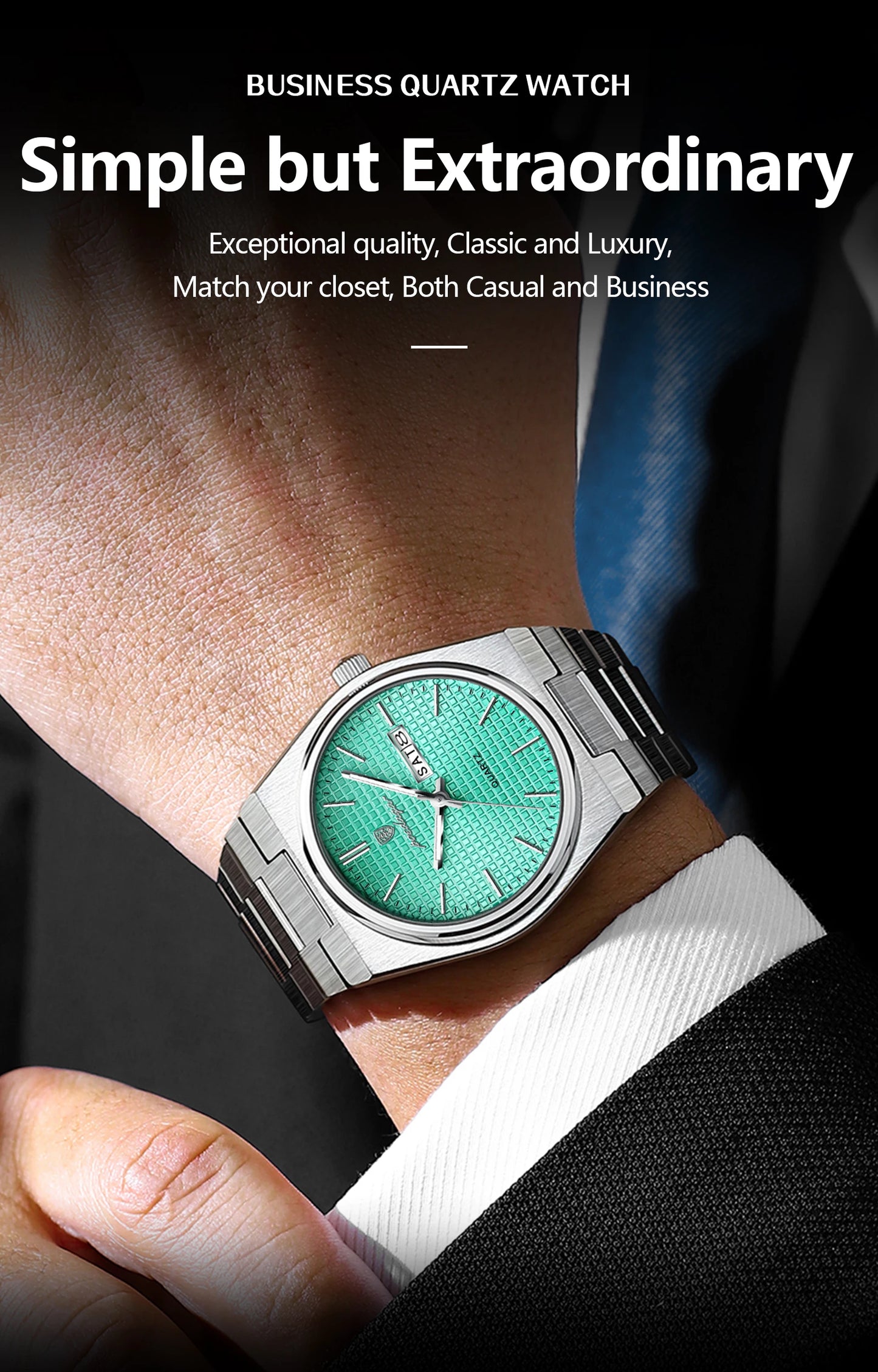 Full Calendar Stainless Steel Watch – Luminous Dial with Hidden Clasp Bracelet