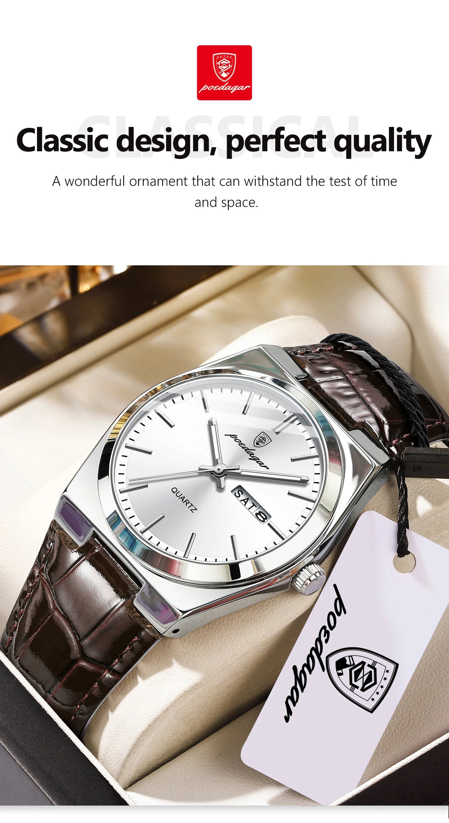 Full Calendar Leather Watch – Luminous Dial with Date, Week & Classic Buckle