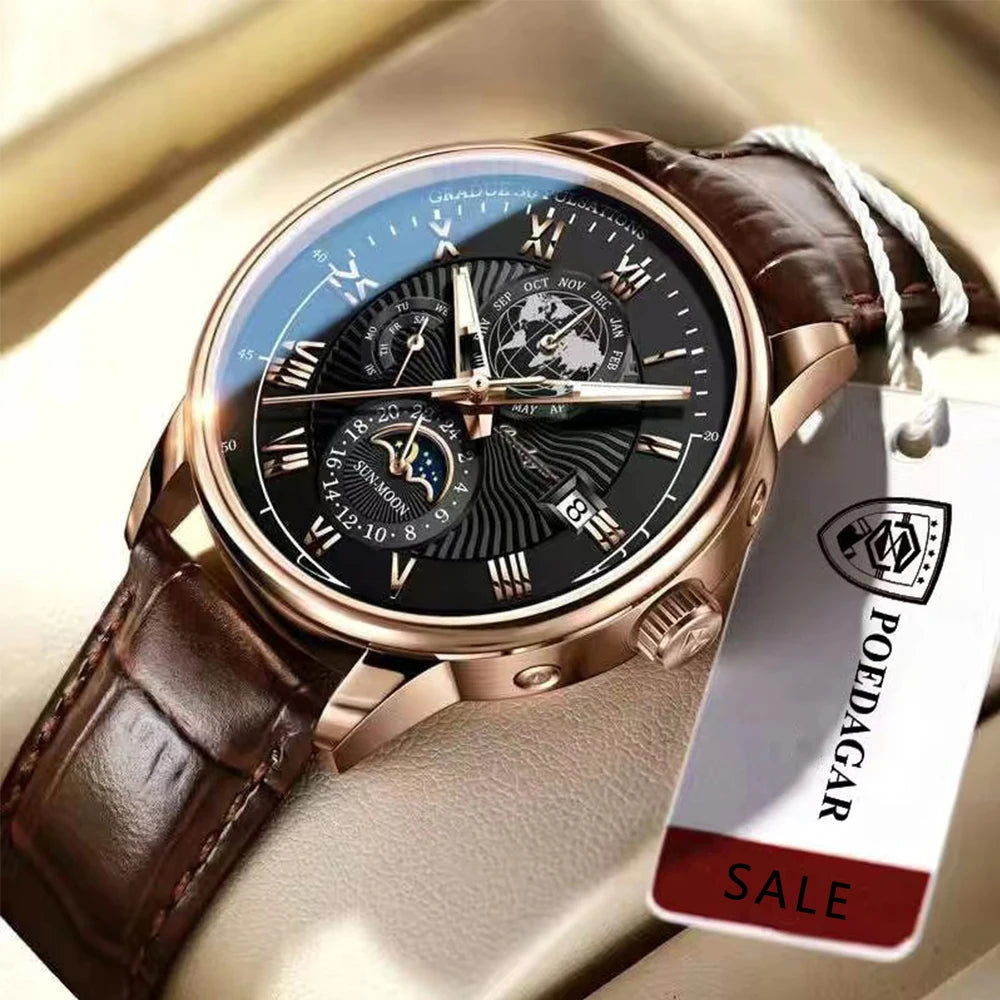Roman Numeral Full Calendar Watch – Stainless Steel Bracelet with Stopwatch