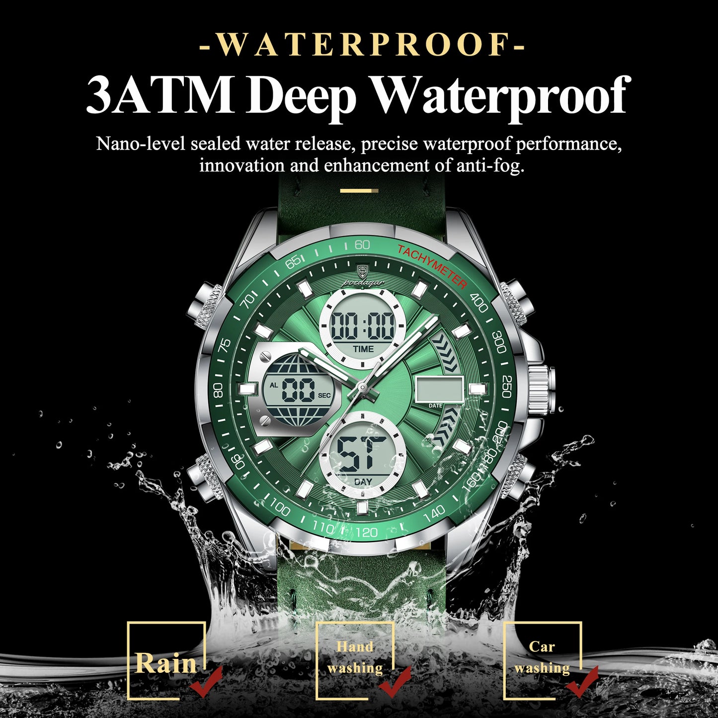 LED Analog-Digital Chronograph Watch – Dual Time & Alarm with Leather Strap