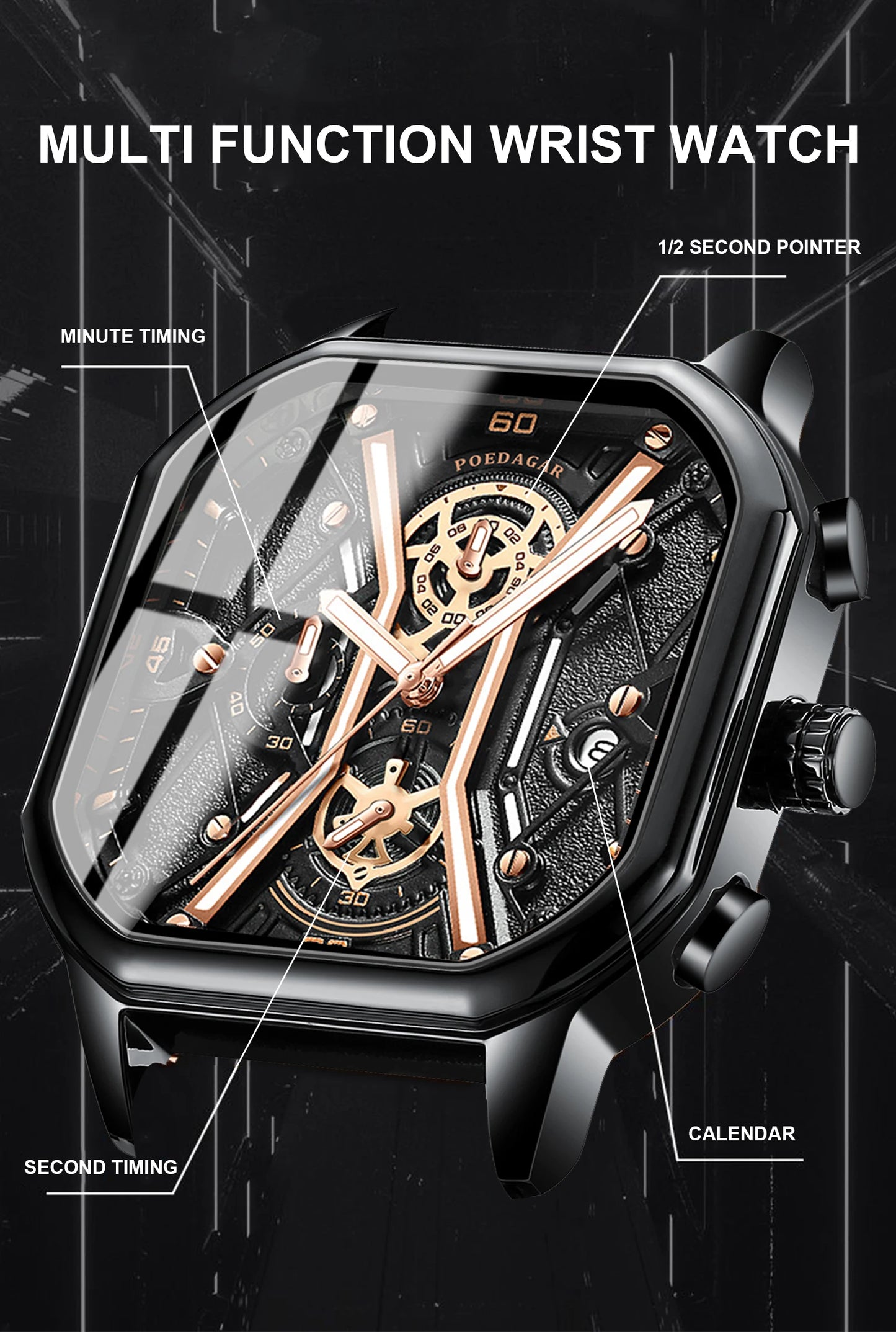 Square Chronograph Watch – Full Calendar with Leather Strap & Luminous Dial