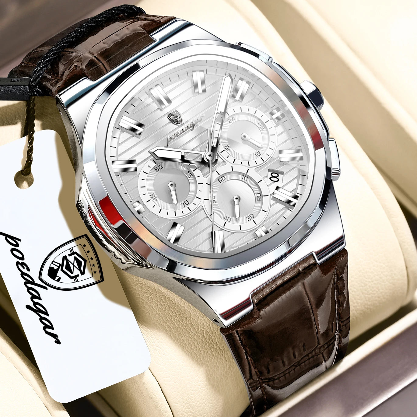 Square Chronograph Watch – Luxe Leather Strap with Luminous Dial & Date