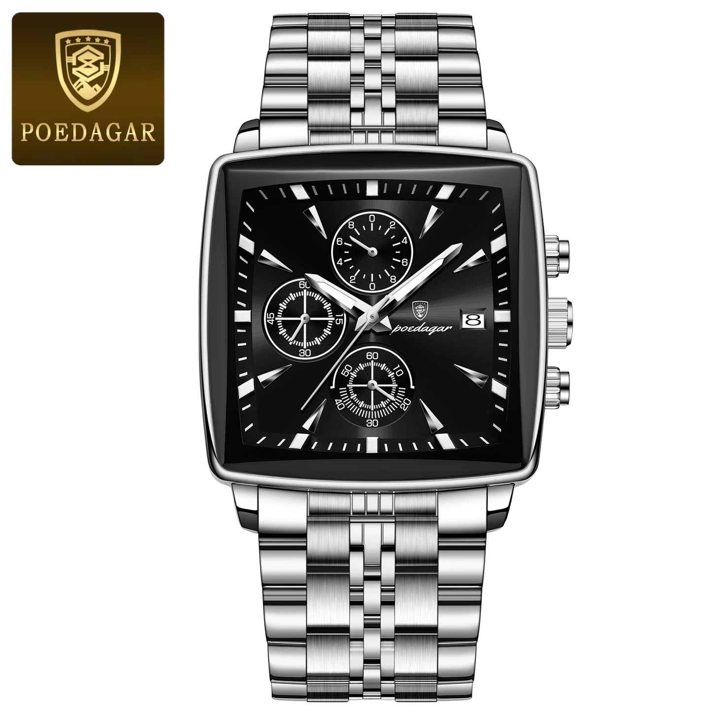 Square Chronograph Watch – Luminous Numberless Dial with Hidden Clasp Bracelet