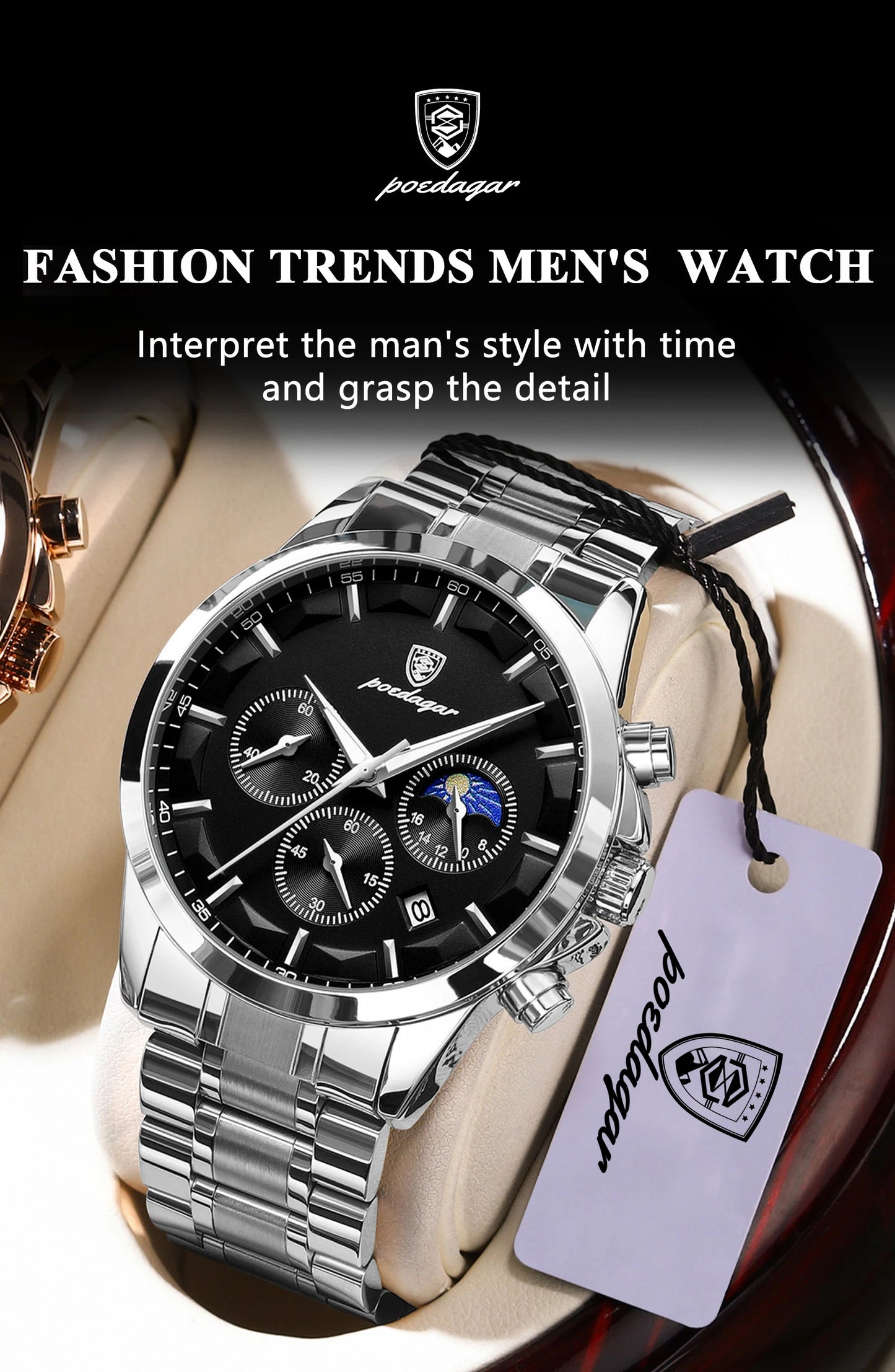 Chronograph Date Watch – Luminous Numberless Dial with Bracelet Clasp