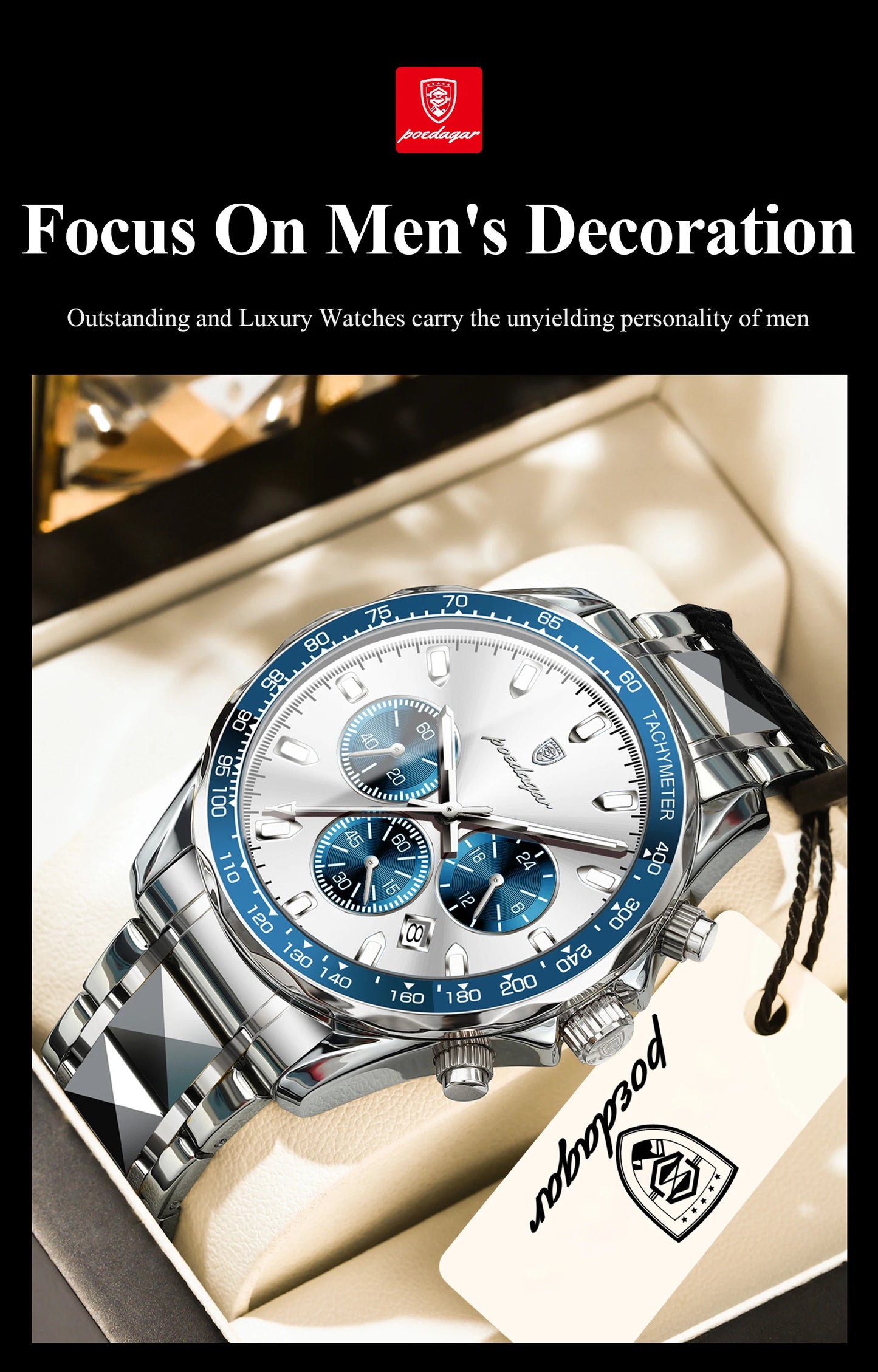 Chronograph Date Watch – Luminous Dial with Hidden Clasp Bracelet