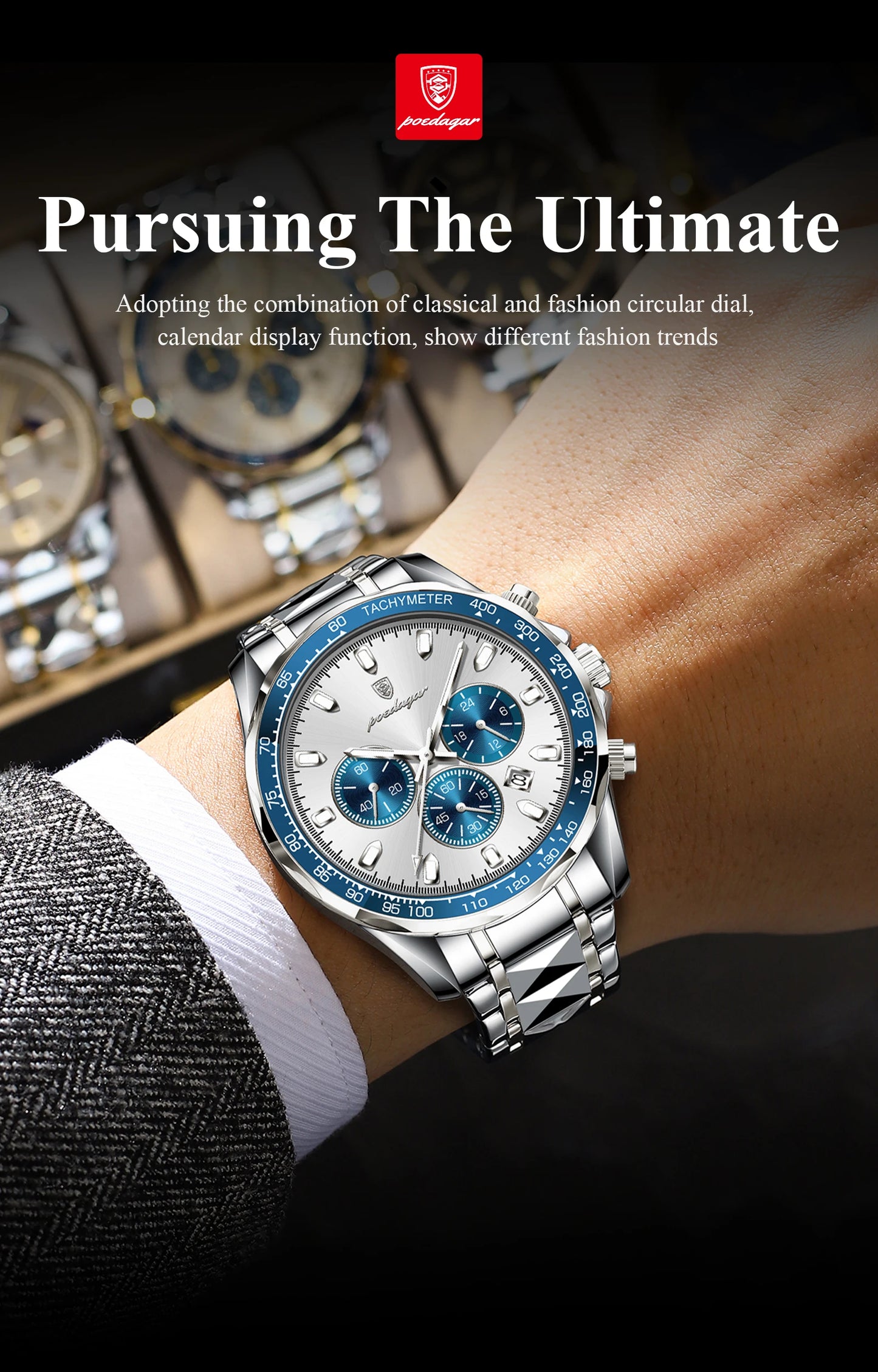 Chronograph Business Watch – Luminous Numberless Dial with Hidden Clasp Bracelet