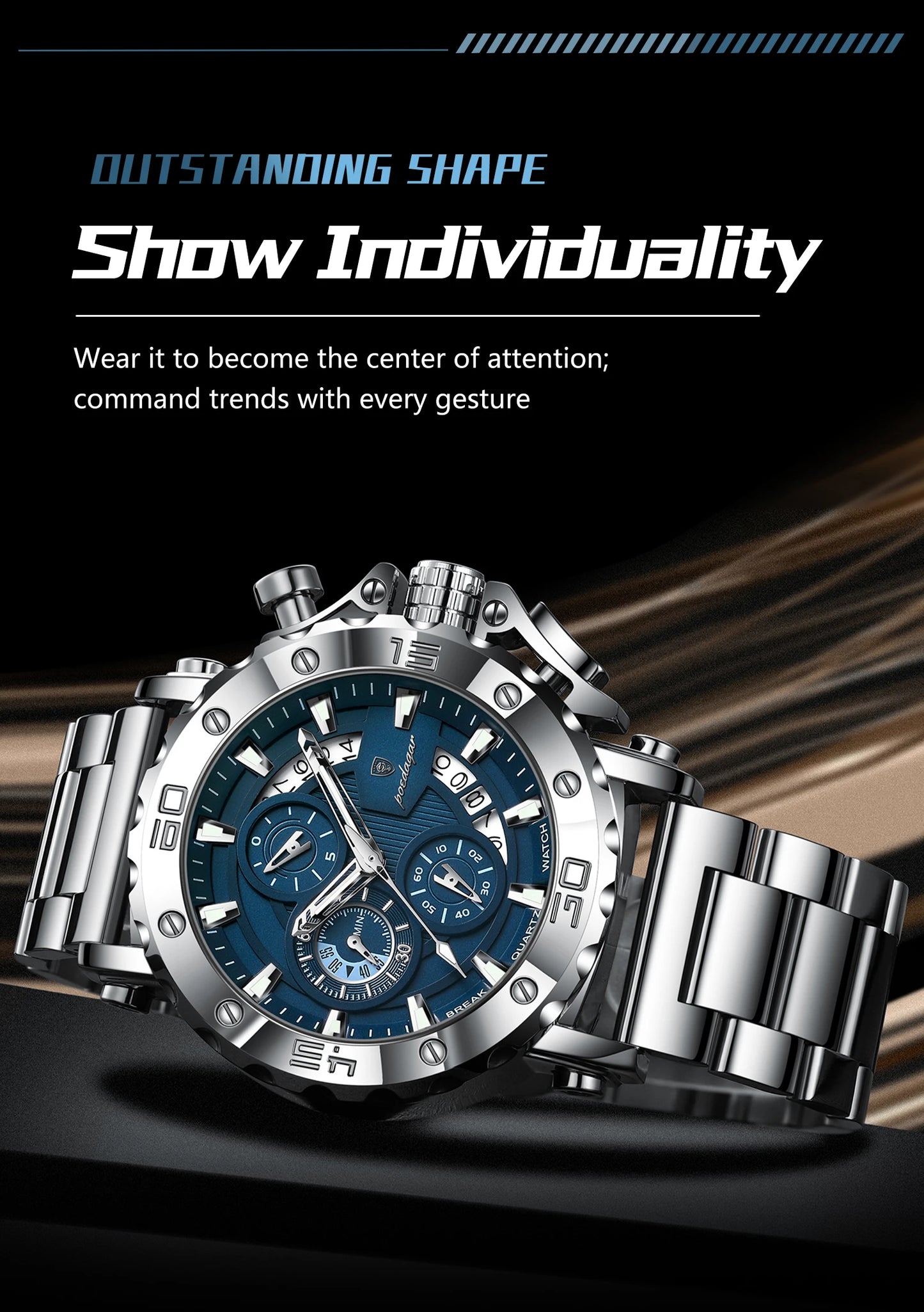 Large Chronograph Watch – Luminous Numberless Dial with Hidden Clasp