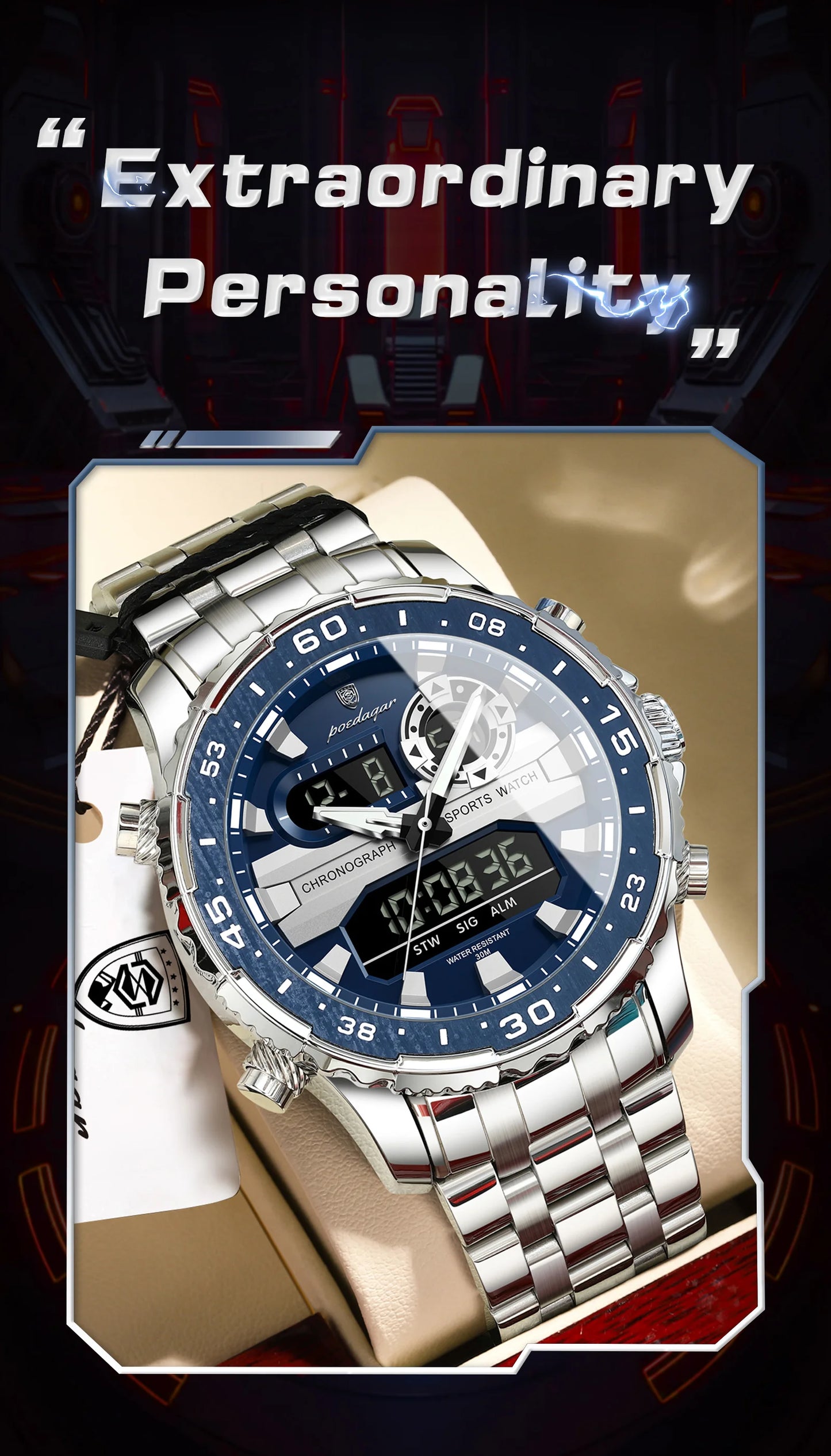 Square Chronograph Watch – Large Numberless Dial with Hidden Clasp Bracelet