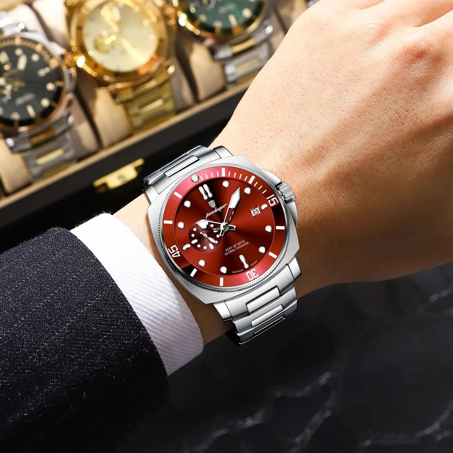 Business Date Watch – Luminous Numberless Dial with Hidden Clasp Bracelet