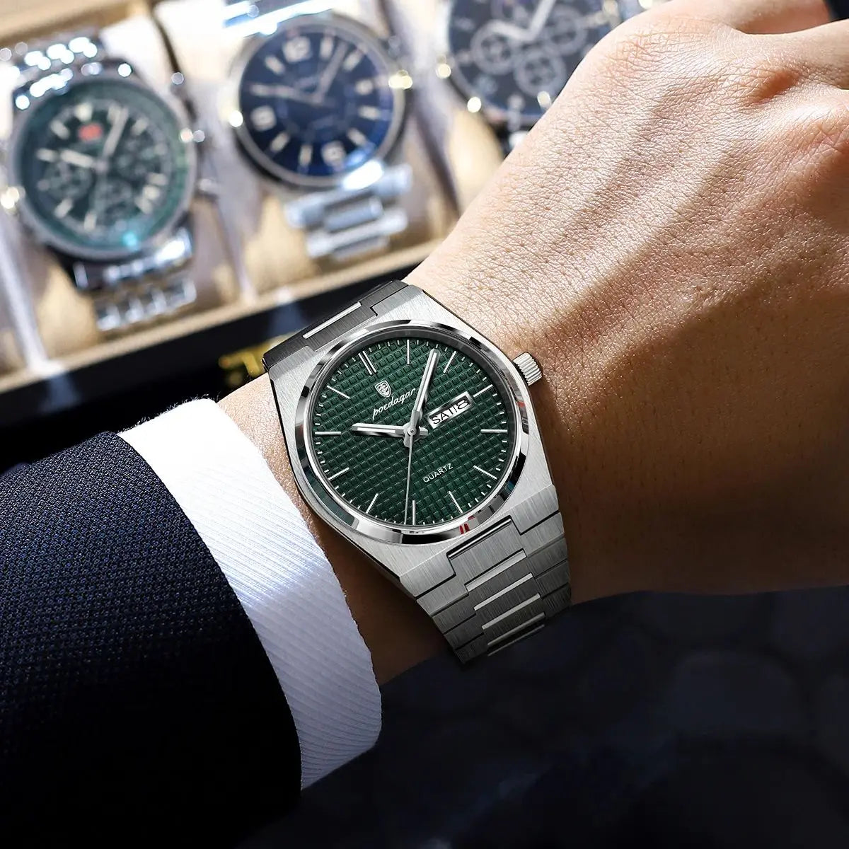 Full Calendar Stainless Steel Watch – Luminous Dial with Date, Week & Hidden Clasp